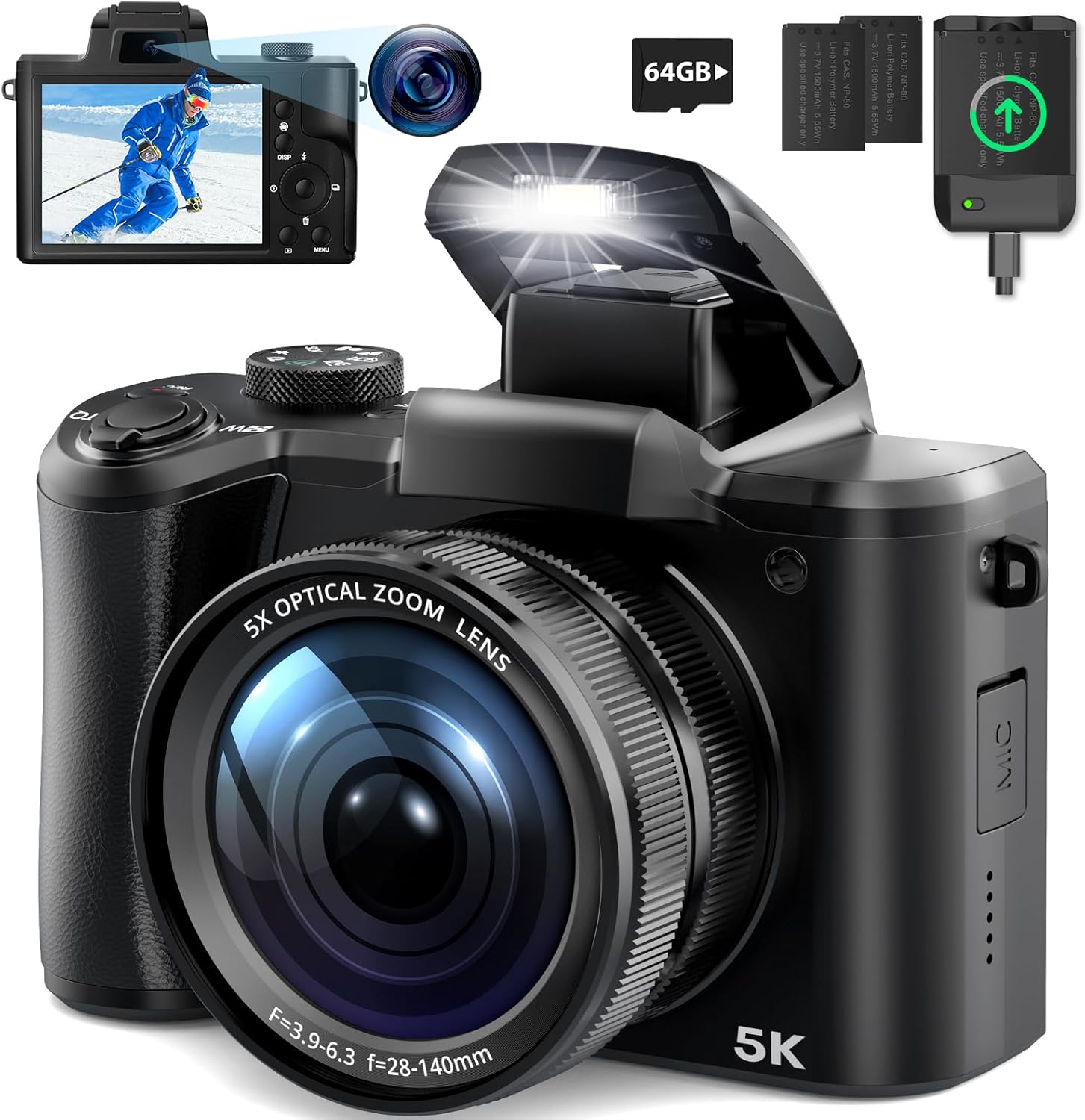 5K Digital Camera for Photography, Newest 64MP Autofocus Vlogging Camera for YouTube with Front and Rear Lens, 5X Optical Zoom Compact Travel Camera with 3.2 inch Touch Screen, 64GB Card(Black)