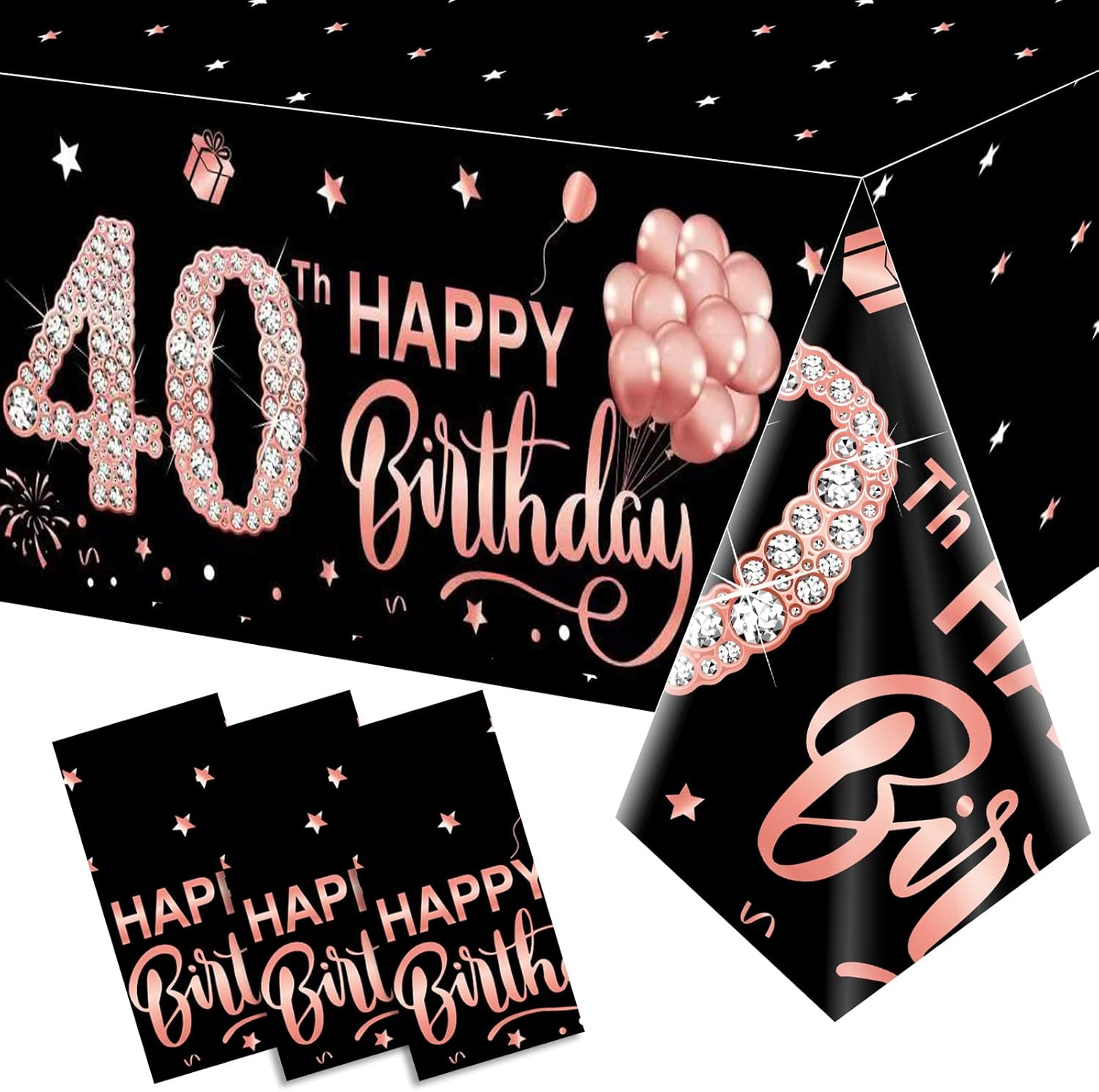 3 Pack Rose Gold 40th Birthday Tablecloth Decorations - Plastic Disposable Rectangular Table Cover Party Supplies