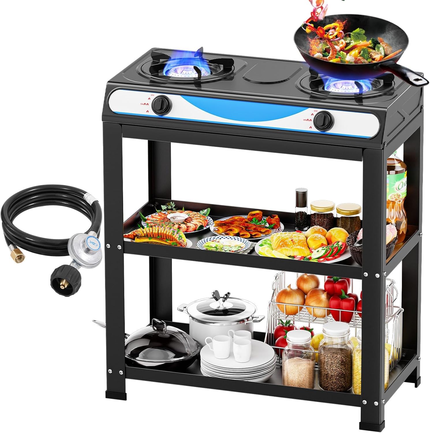2 Burner Propane Gas Stove,19000BTU Portable Gas Stove with Support Leg Stand and Adapter Auto Ignition Camping Stove,propane burner for RV, Apartment, Outdoor Cooking