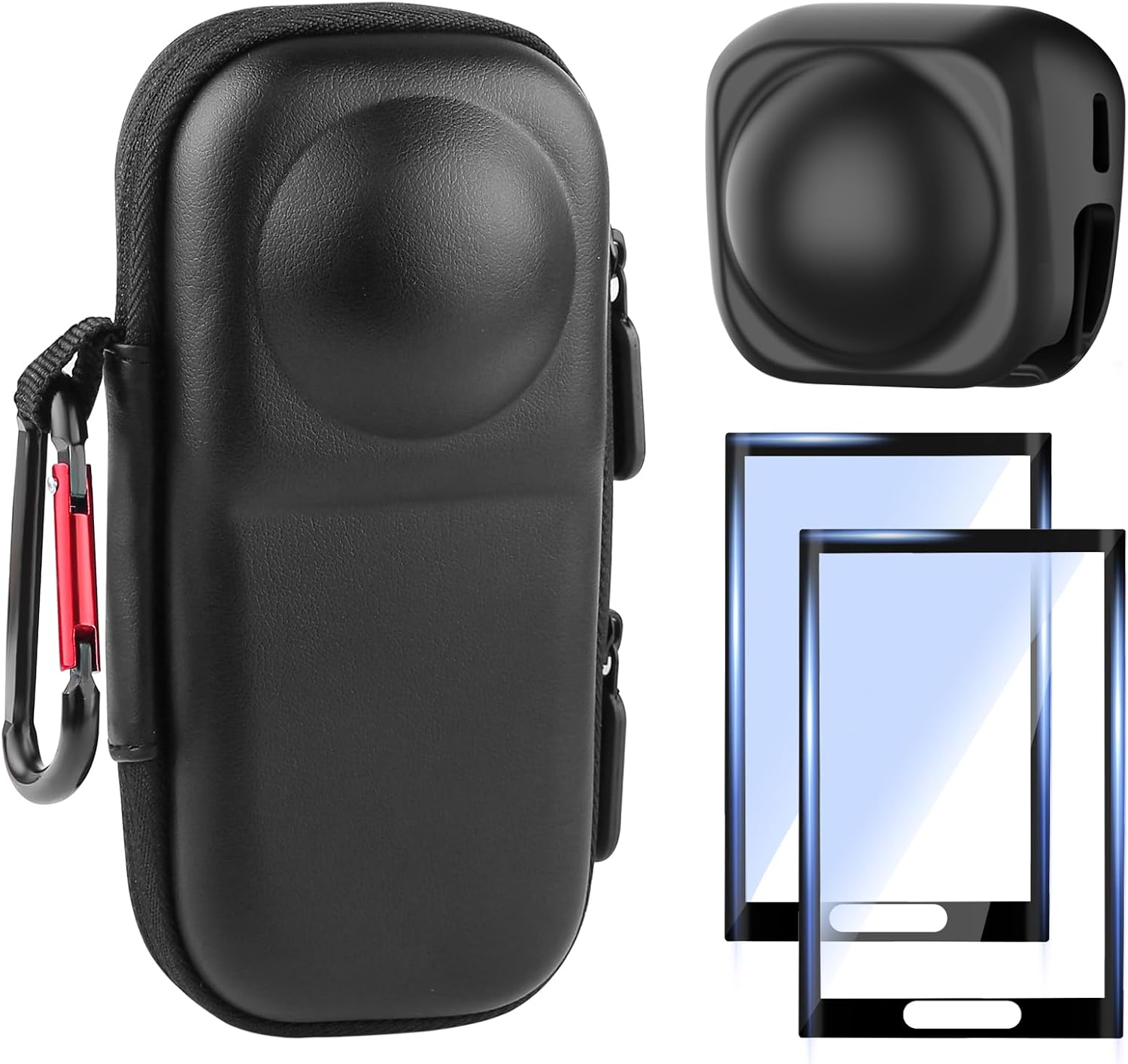 4-in-1 Accessories Kit for Insta360 X5 and Insta360 X4, Including 2 Packs of Tempered Glass Film Screen Protector Cover, Carrying Case and Silicone Lens Cap for Insta 360 X5 X4 Protective Bundle Kit