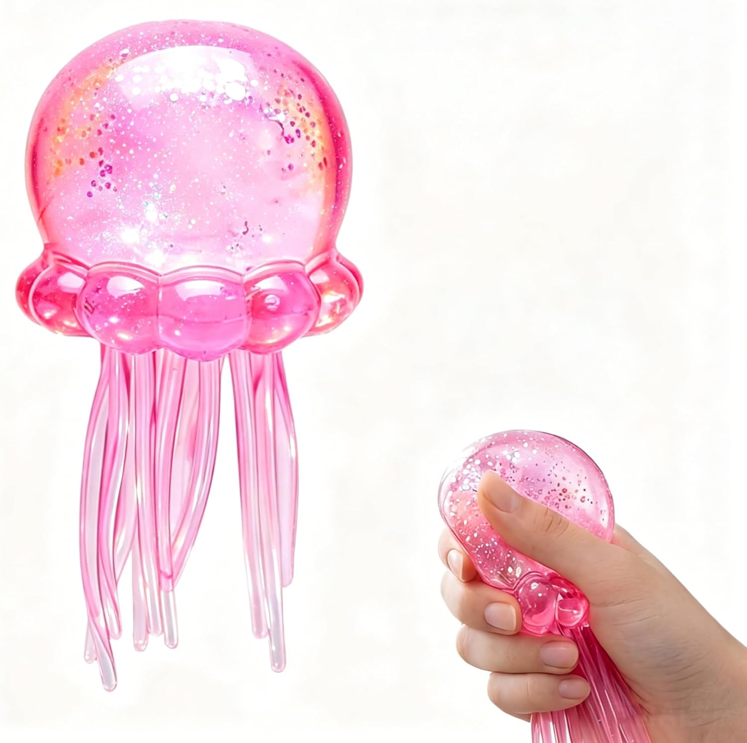 Glitter Jellyfish Squishy Toy, Stress Relief Squishy Fidget Toy for Kid&Adult, Soft Jellyfish Sensory Toy with Wiggly Tentacle, Portable Relief Squeeze Ball for Office School (Pink Jellyfish)