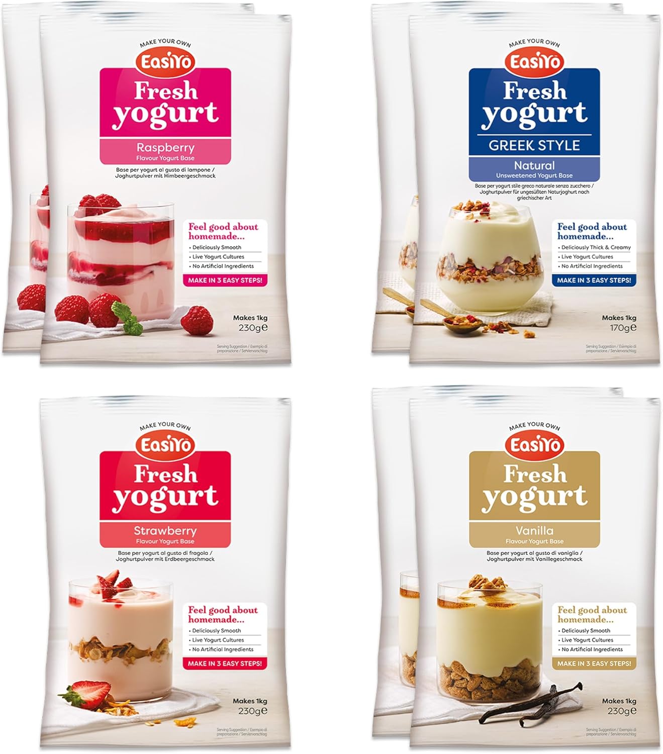 EasiYo Yogurt 7 Sachet Pack | EasiYo Mixed Pack | 2 x Vanilla 2 x Greek Style Natural 2 x Rasberry 1 x Strawberry | Each Sachet Makes 1kg of Yogurt