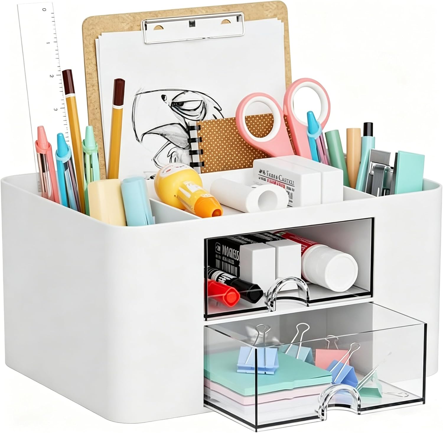 Marbrasse Desk Organiser with Drawers,Multifunctional Pen Holder with 7 Compartments,Stationary Organiser for Home Office Desk and Accessories(White)