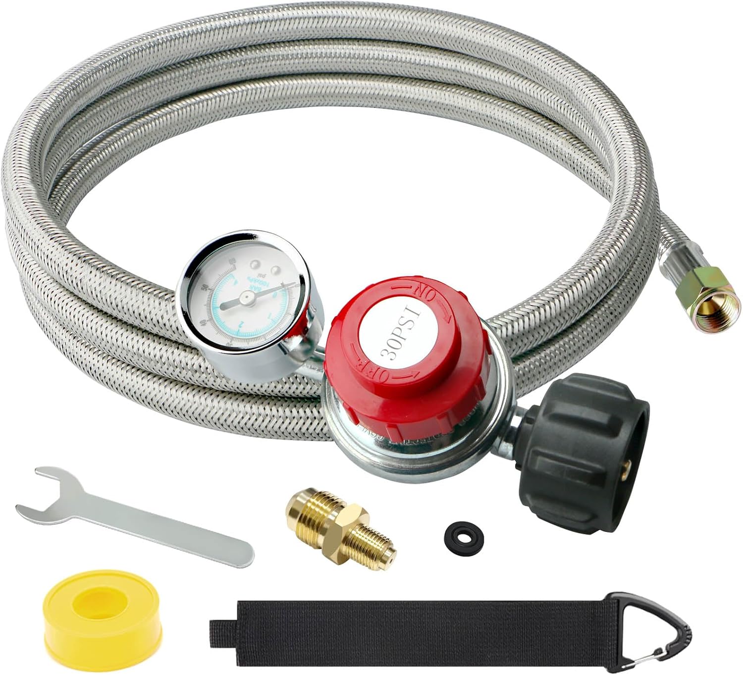 5FT 0-30 PSI Adjustable High Pressure Propane Regulator with Gauge 0~60PSI Gas Flow Indicator Stainless Propane QCC1 Hose with 3/8 Flare x 1/8 MNPT Fits for LP Gas Cooker, Burner, Turkey Fryer, Smoker
