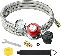 5FT 0-30 PSI Adjustable High Pressure Propane Regulator with Gauge 0~60PSI Gas Flow Indicator Stainless Propane QCC1 Hose with 3/8 Flare x 1/8 MNPT Fits for LP Gas Cooker, Burner, Turkey Fryer, Smoker