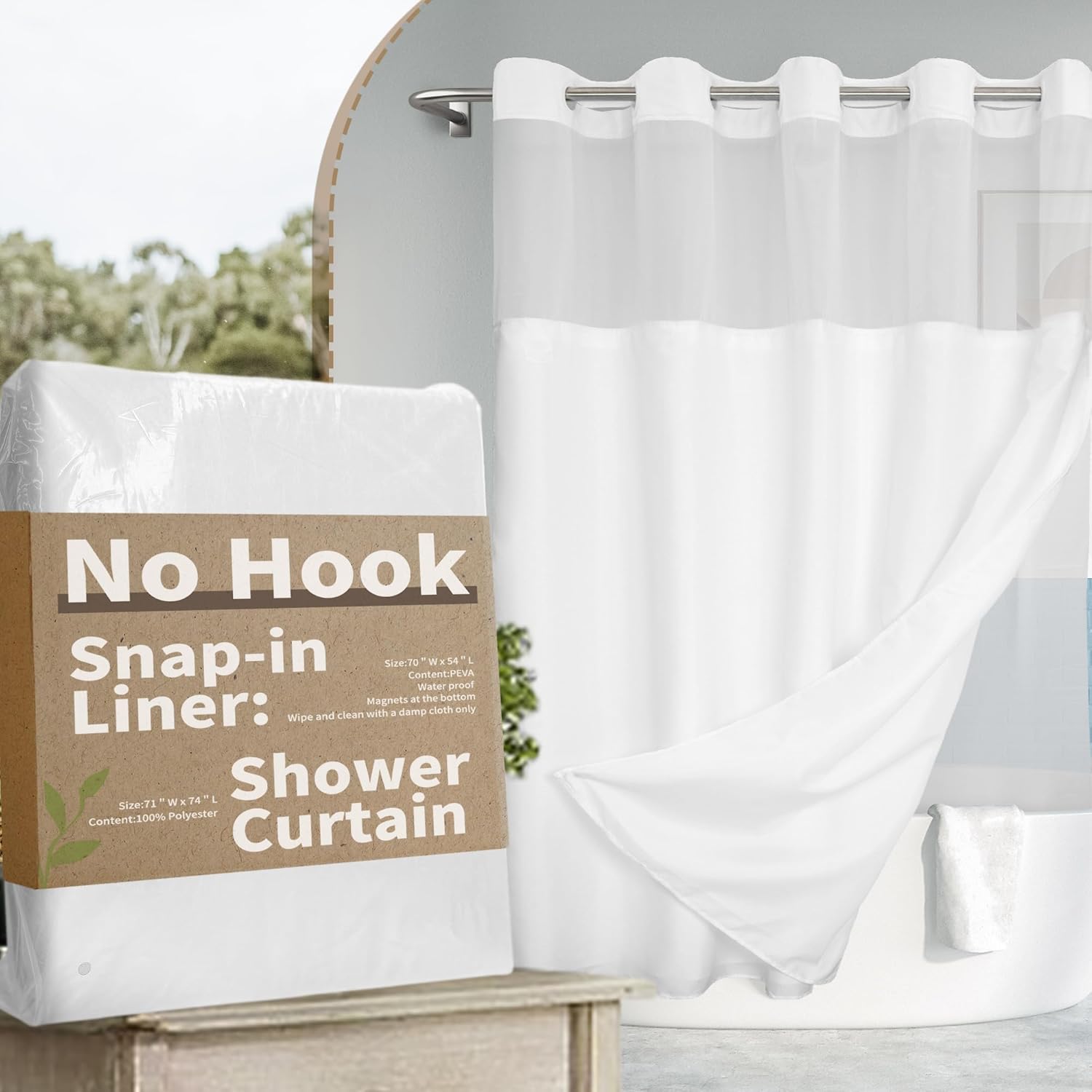 No Hook Slub Textured Shower Curtain with Snap-in PEVA Liner Set - 71" x 74"(72"), Hotel Style with See Through Top Window, Fabric Outer Curtain & Waterproof Inner Liner, White, 71x74
