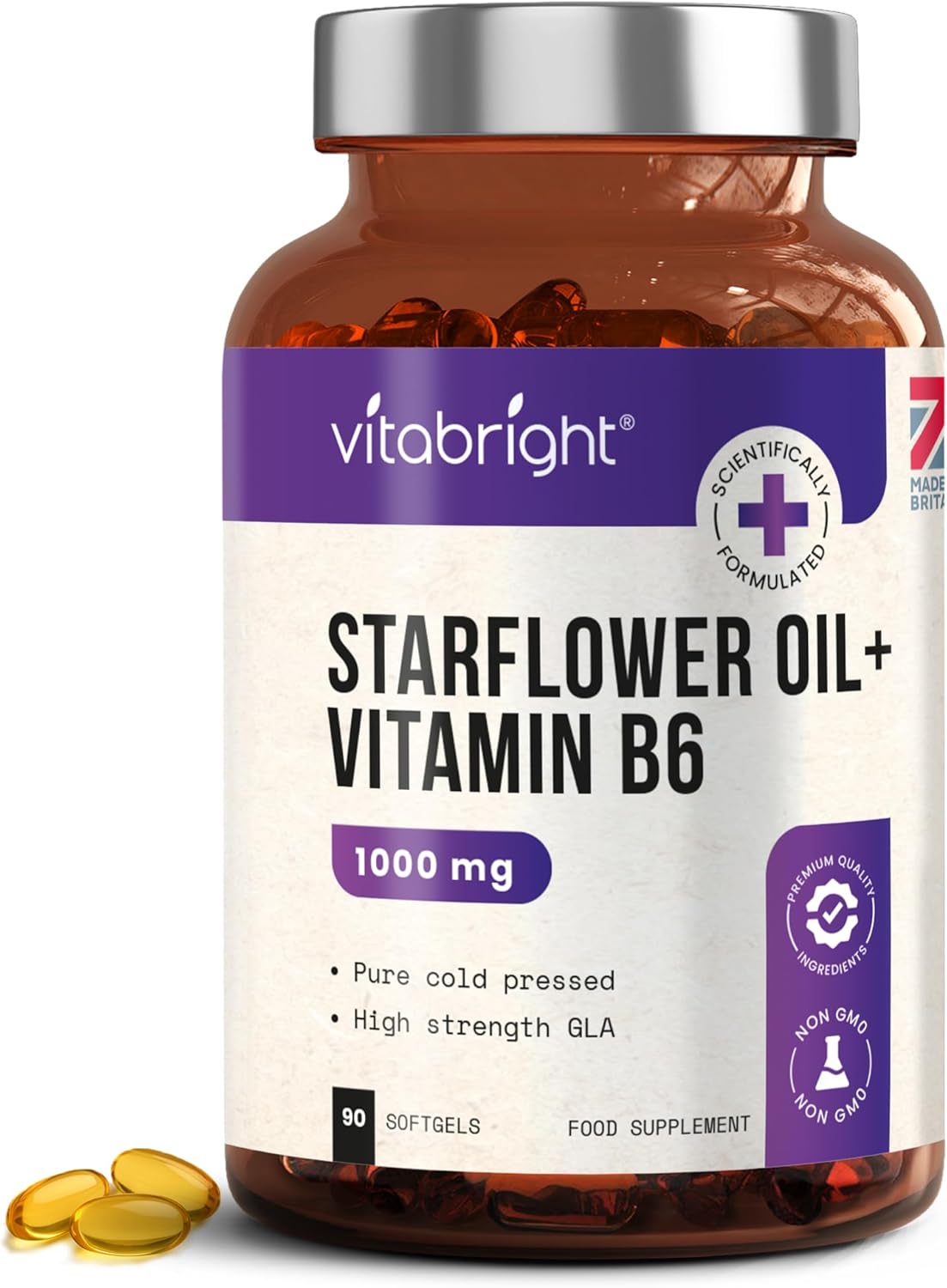 Starflower Oil Capsules 1000mg | 3 Months High GLA Borage with Vitamin B6 | Cold Pressed Star Flower Oil 1000mg Softgels | Vitabright Starflower Supplement High Strength
