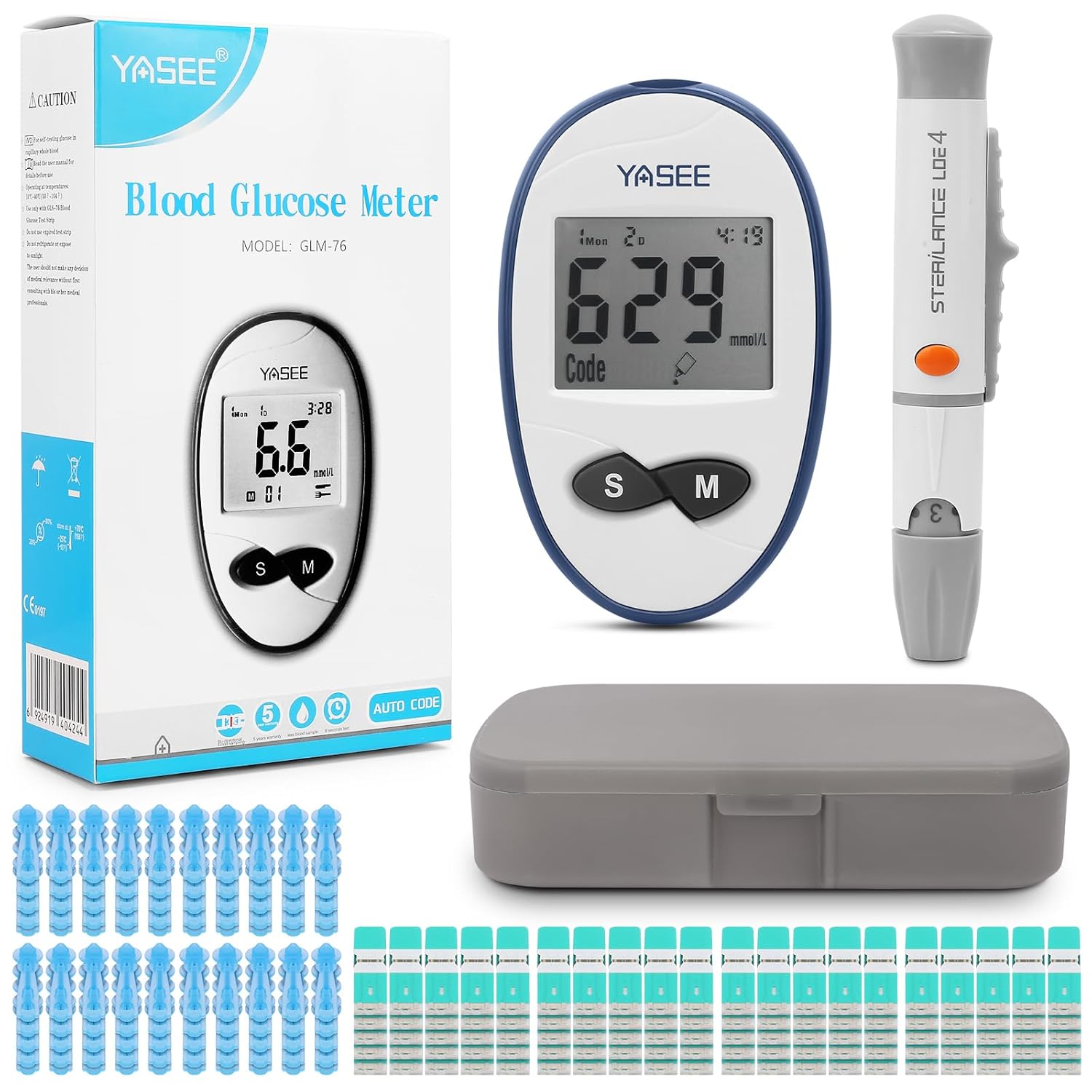 Venoka Blood Glucose Monitor Kit, 100 Test Strips, 100 Lancets, Auto Coding, 180 Test Memory, Carrying Case, Painless Lancing Device, Blood Sugar Testing for Diabetes, mmol/L