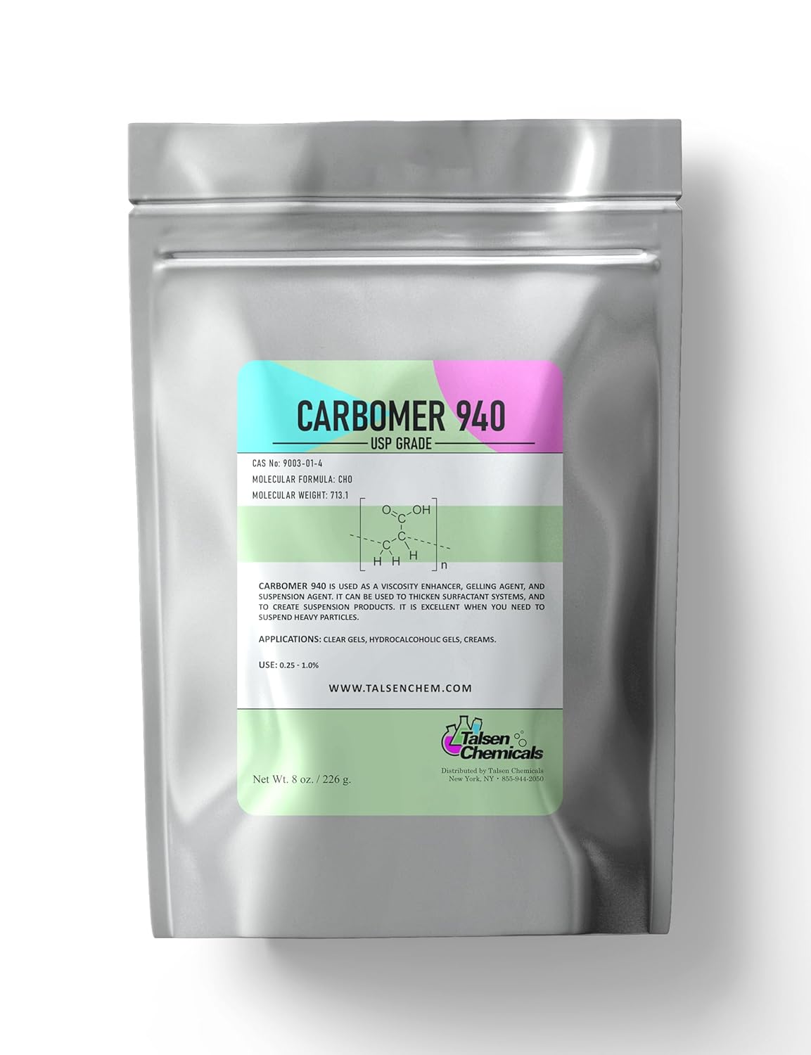 Carbomer 940 Powder 8 Oz / 256 Gram - Versatile Thickener & Emulsion Stabilizer for Cosmetics & Skincare - Carbomer 940 Viscosity Enhancer USP Grade Ideal for Gels Creams & Lotions by Talsen Chemicals