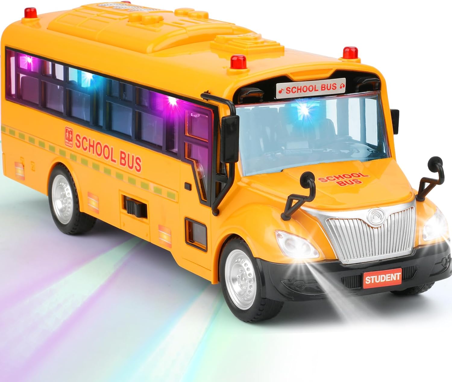 Yellow School Bus Toy for Kids，1/16 Scale Interactive Friction-Powered Car with Flashing Lights & Sounds, Open Doors & Realistic Design Preschool Learning & Role Play