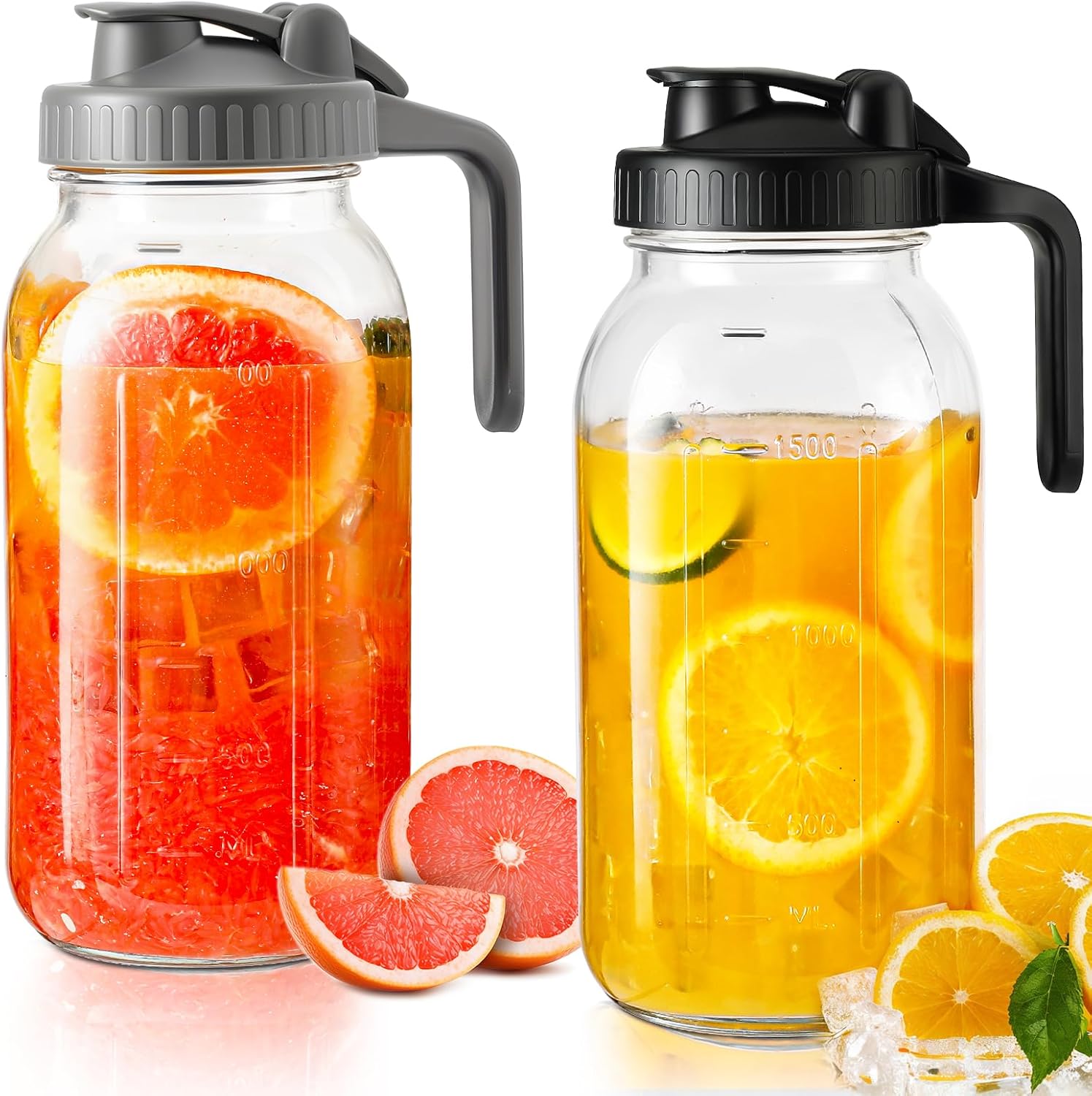 Glass Pitcher with Lid 64oz,Half Gallon Mason Jar Pitcher - 2 Quart Pitcher with Lid and Spout,Ice Tea Pitcher for Fridge,Glass Water Jug Juice Pitcher 64 oz Container[2 Pack]