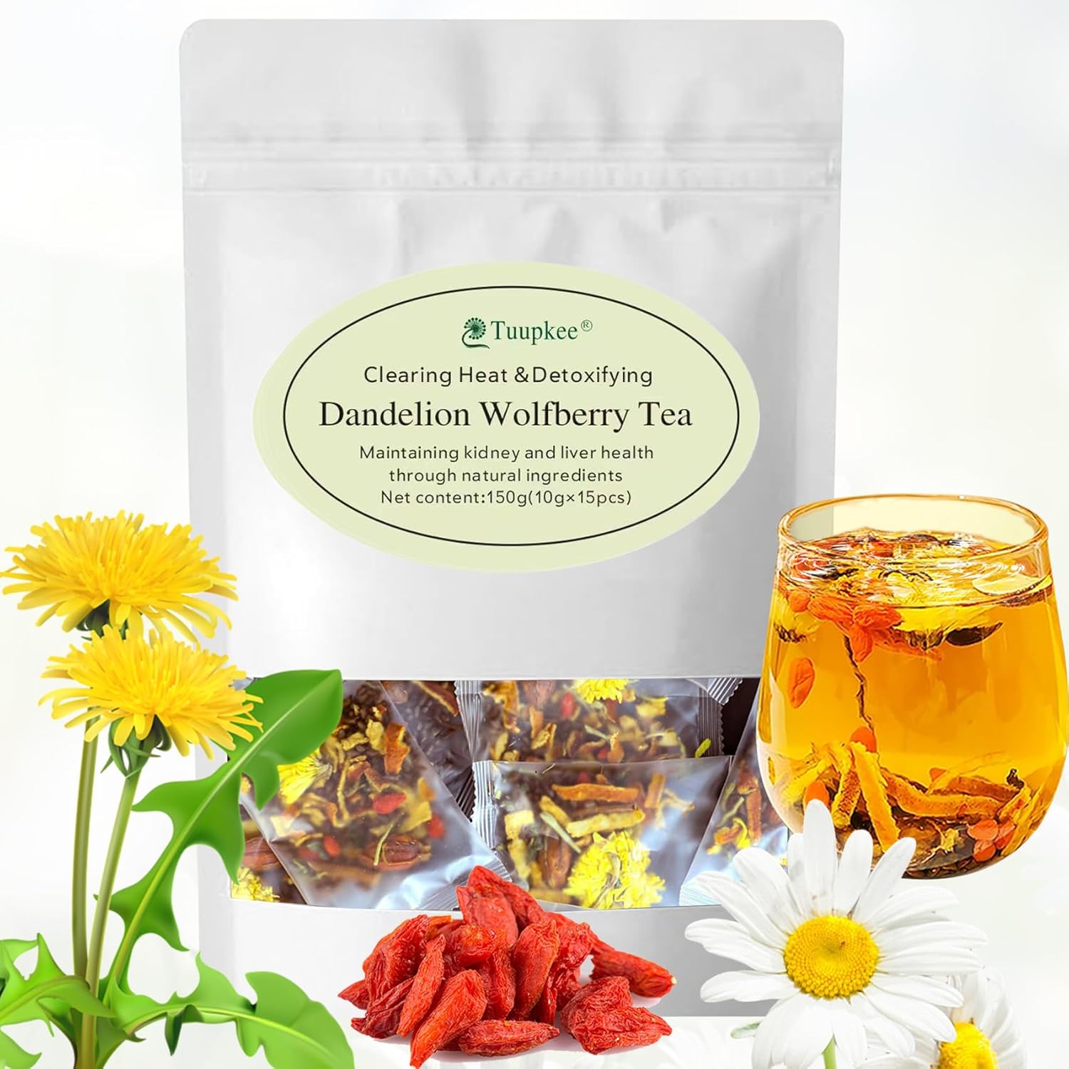 Dandelion Wolfberry Tea for Liver Health, Kidney Health Goji Berry Chrysanthemum Tea, Seven Natural Herbal Ingredients, Organic Dandelion Root(15Bags,150g)