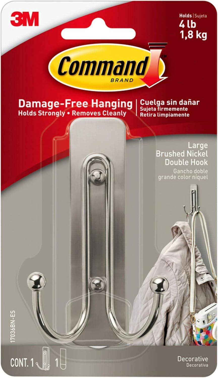 Command Brushed Nickel Double Decorative Hook for Indoor Use - 1 Metal Large Hook and 1 Adhesive Strip - Hang Jackets, Purses, Handbags, Hats, Scarves, Dog leads - Organise Damage Free