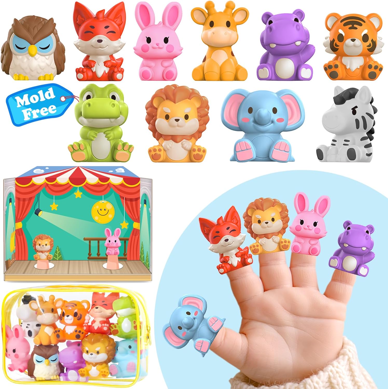Oriate Safari Animal Finger Puppets Bath Toys, Story Time Puppets Toys with Pretend Play Stage, Toddler Bath Toy with Storage Bag, Travel Party Favors Easter Basket Stuffers 12m 10Pcs