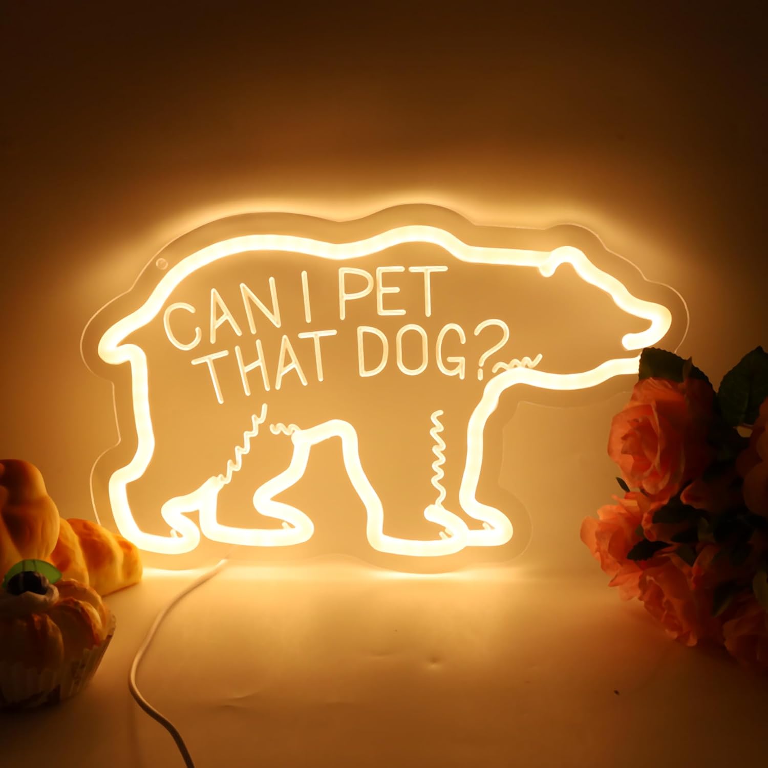 Bear Gag Neon Sign for Wall Decor,Funny Internet Humor Viral Video Neon Signs, Cute Bear Neon Light Sign Design with the Fun - Text "CAN I PET THAT DOG?", Gift for Pop Culture Fans and Meme Lovers