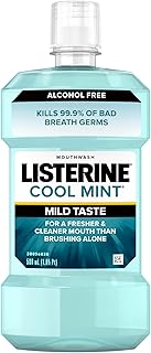 Listerine Mouthwash, Zero Alcohol, Germ Killing, Less Intense Formula, Bad Breath Treatment, Alcohol Free Mouth Wash for Adults; Cool Mint Flavor, 500 mL, 6 Pack
