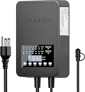 SUNVIE 300W Low Voltage Landscape Transformer with 2 Independent Control Output Landscape Lighting Transformer with Timer and Photocell Sensor 120V AC to 12/14V AC Weatherproof Low Voltage Transformer