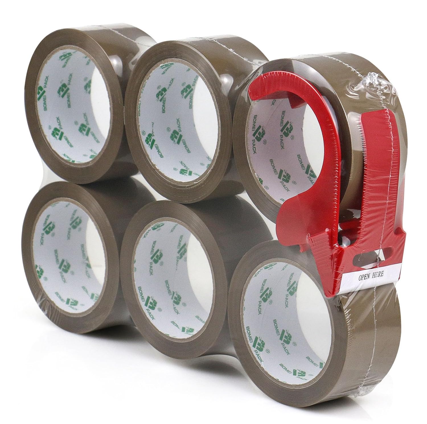 BOMEI PACK Brown Packing Tape 2inch, Heavy Duty 6Rolls Refills with 1 Dispenser for Box Packaging, Shipping and Moving Sealing, 2.4Mil Thick, 60 Yards per Roll