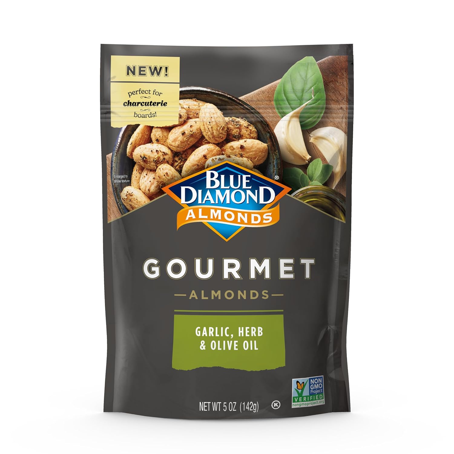 Blue Diamond Almonds, Gourmet Specialty Garlic, Herb, and Olive Oil Flavored Classic Snack Nuts Perfect for Charcuterie, Holidays, Gatherings, or Savory Snack, 5 oz.