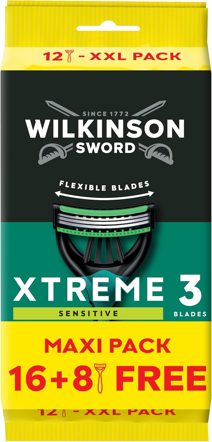 WILKINSON SWORD - Xtreme 3 For Men Sensitive Disposable Razors Flexible Blades, Pack of 2 x 12 Razors