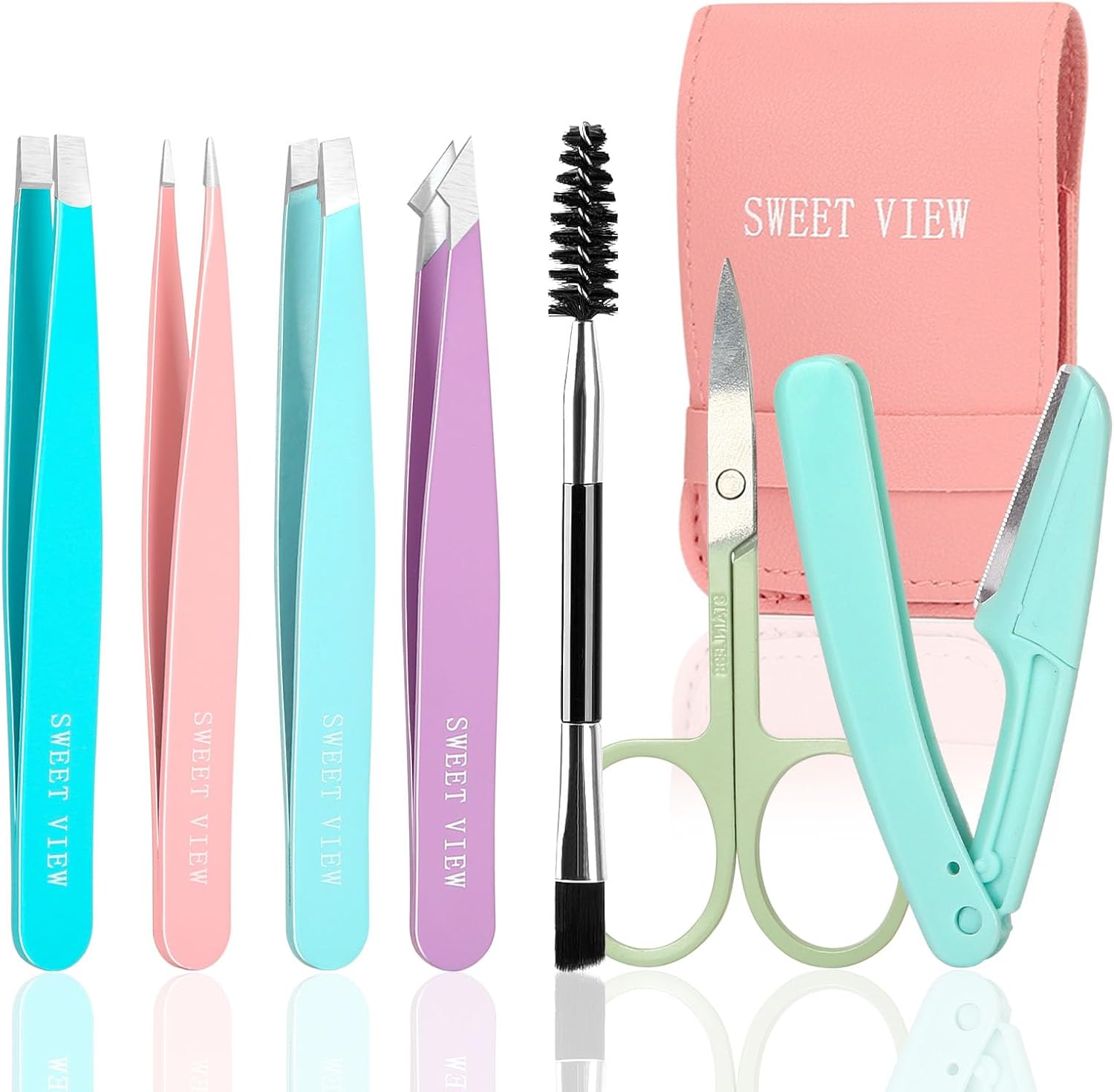 SWEET VIEW 7pcs Eyebrow Tweezers Kit for Women Precision Plucker with Brow Scissors & Razor & Spoolie for Facial, Chin, Brow, Splinter and Ingrown Hair