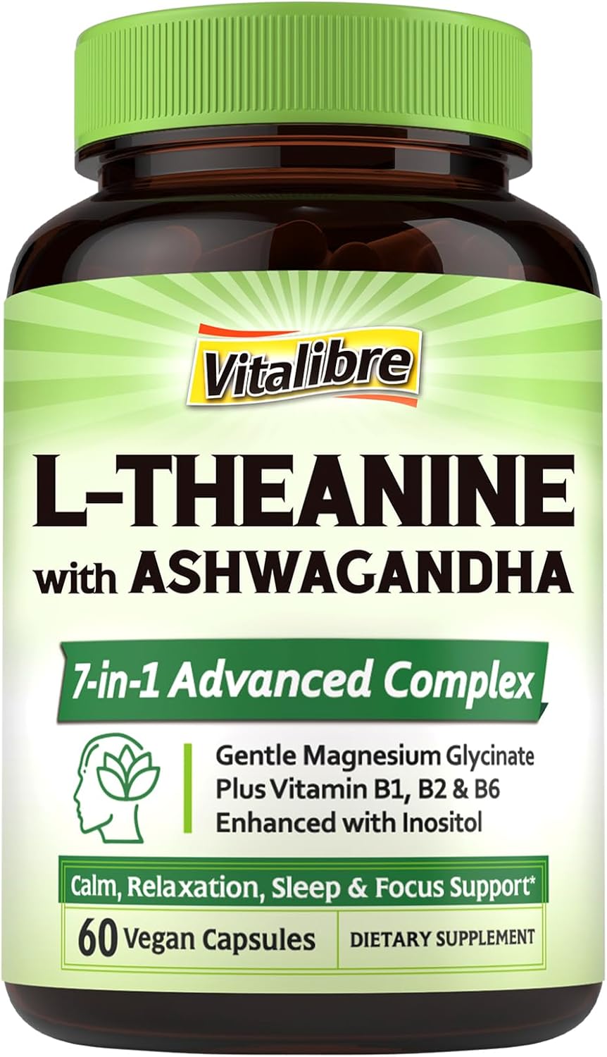 L-Theanine 200mg Supplement, Magnesium Glycinate, Ashwagandha, Inositol, Vitamin B1 B2 B6, No Gluten, Calm, Relaxation, Focus, Cognitive Function, 60 Vegan Caps