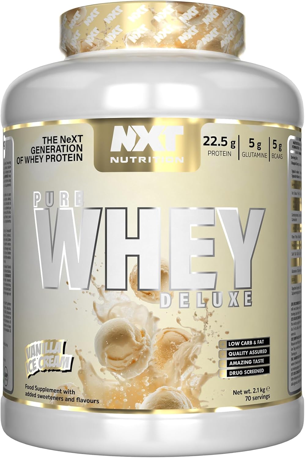 NXT Nutrition Pure Whey Deluxe 2.1kg | Whey Protein | Muscle Growth and Recovery | 70 Servings | 5g Glutamine | 5g BCAA | Vanilla Ice Cream