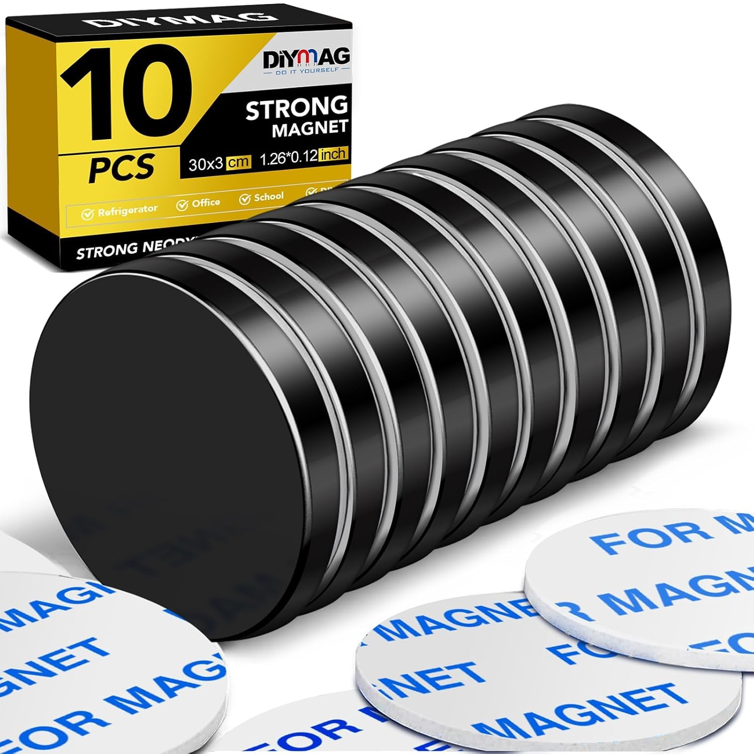 DIYMAG 20 Pack Strong Magnets with Double Sided Adhesive, 1.26" x 0.12" Round Permanent Powerful Neodymium Disc Rare Earth Magnet for Fridge Classroom DIY Building Scientific Craft and Office Black