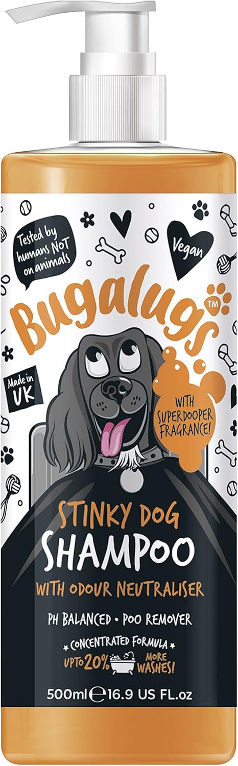 BUGALUGS Stinky Dog Shampoo with odour neutraliser, fox poo shampoo for dogs with dog perfume, vegan dog grooming dog shampoo for sensitive skin amazing puppy pet shampoo & conditioner (1x500ml)