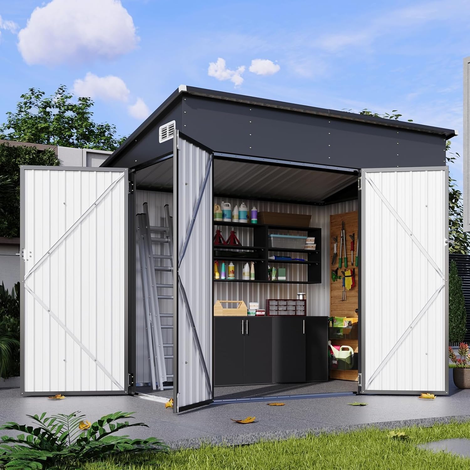 195 cu.ft Shed 7.3x5.3 Ft Premium Galvanized Steel Storage Sheds with Triple Doors Weatherproof Outdoor Utility Sheds, Lean to Shed for Mower, Bike, Generator, Garden Tools (Dark Black)