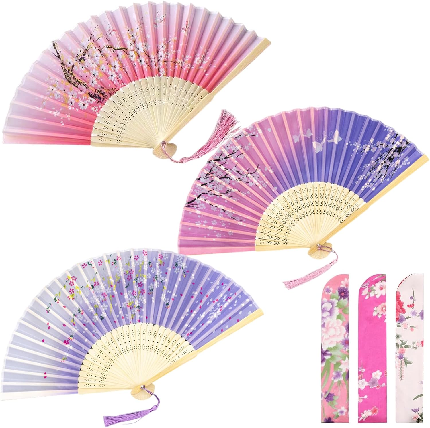 Foldable Fan 3XSilk Fabric Hand Fans + 3XSleeves Chinese Fan Folding Fans Handheld Bamboo Fan With Tassel for Wedding Dancing Birthday Gifts Cosplay DIY Decorative Home Accessories (3 PCS)