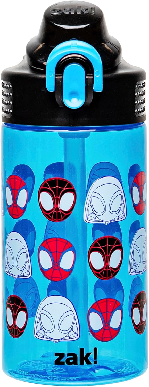 Zak Designs Marvel Spider-Man Sage Water Bottle For School or Travel, 16oz Durable Plastic Water Bottle With Straw, Handle, and Leak-Proof, Pop-Up Spout Cover (Spidey and His Amazing Friends)