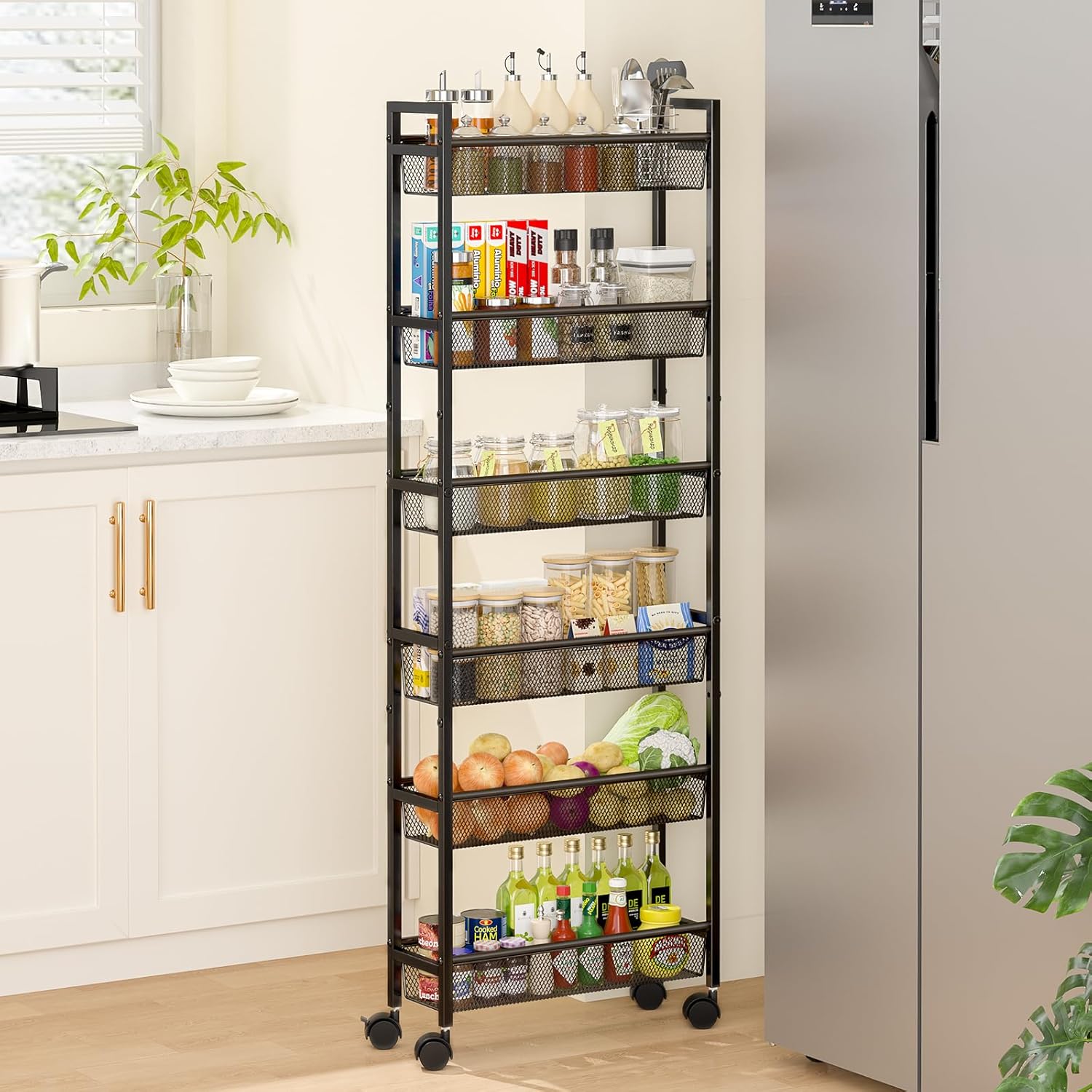 6 Tier Silm Storage Cart, Narrow Cart with Wheels, Metal Mobile Shelving Unit Organizer for Kitchen, Bathroom, Laundry Room, Living Room & Narrow Spaces, Black