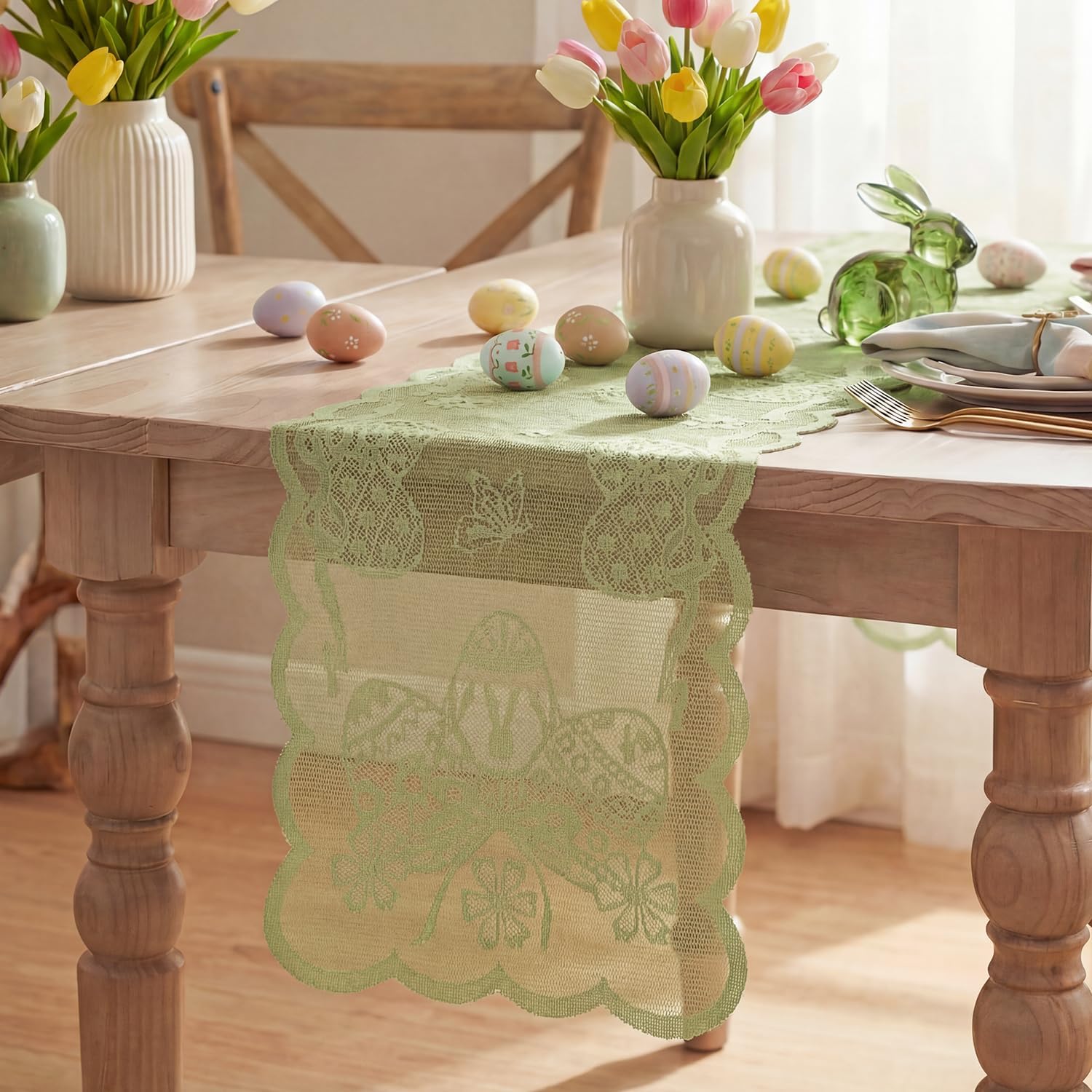 Artoid Mode Green Lace Jacquard Easter Eggs Easter Table Runner 33 x 183 cm, Seasonal Spring Kitchen Dining Table Decoration for Home Party Decor