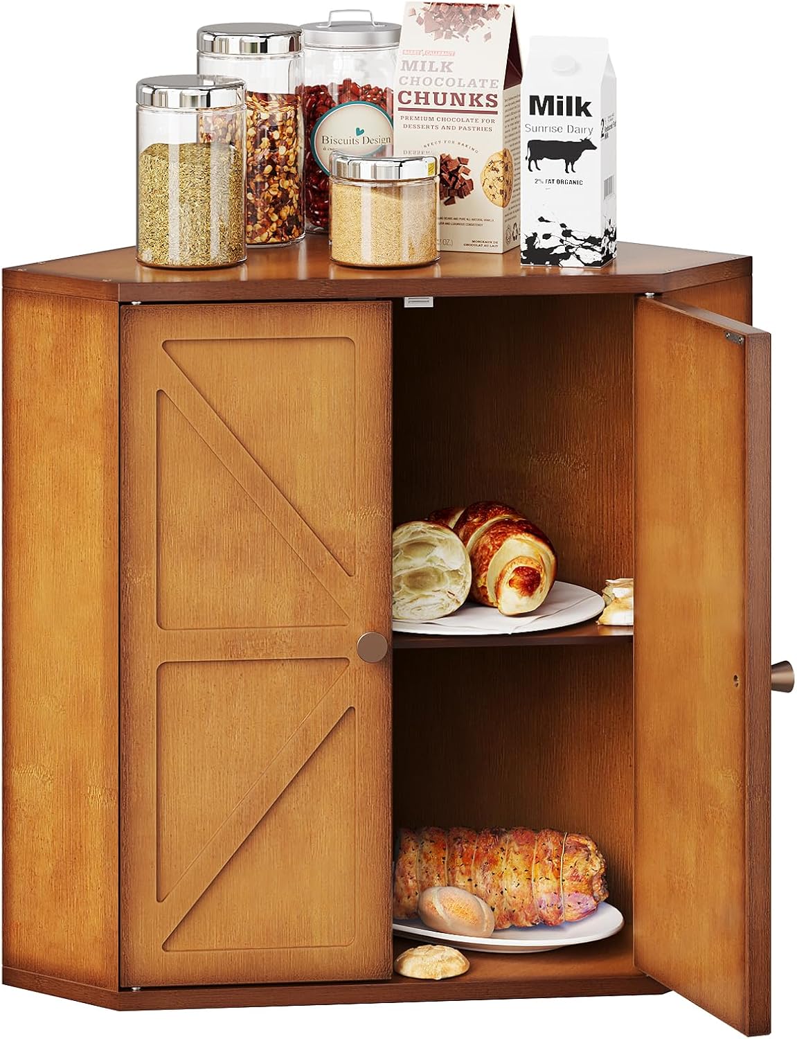 Corner Bread Box for Kitchen Counter Double Layer Bamboo Bread Storage Container Large Capacity Bread Storage Bin Farmhouse Breadbox Organizer (Antique Brown)