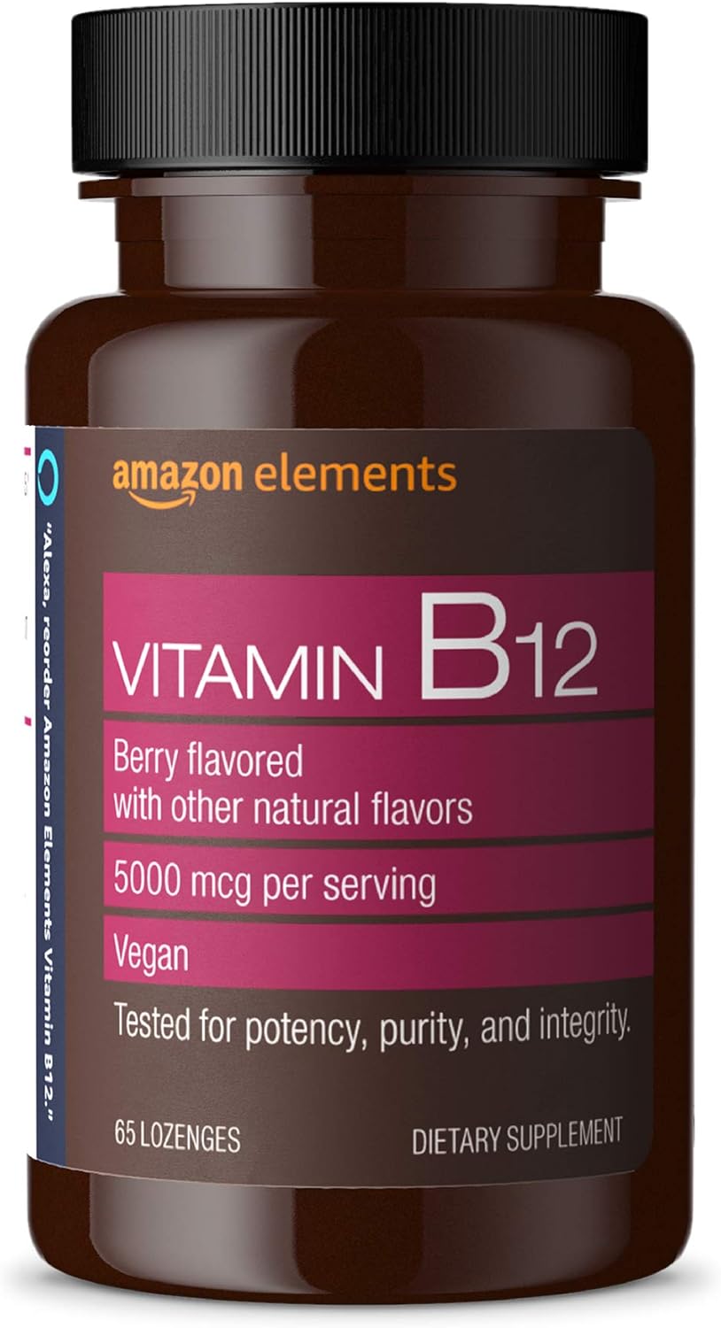 Amazon Elements Vitamin B12 Methylcobalamin 5000 mcg - Normal Energy Production and Metabolism, Immune System Support - 2 Month Supply, Berry Flavored Lozenges, 65 Count (Pack of 1)