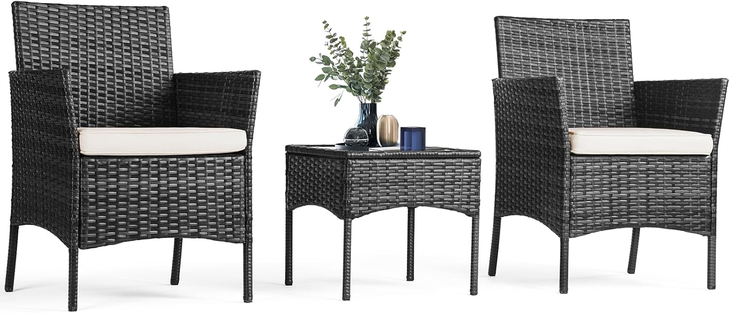 Sweetcrispy Patio Furniture Set 3 Pieces, Outdoor Furniture with Soft Cushion and Glass Table, All Weather Manual Weaving Wicker Rattan Patio Chairs for Garden, Terrace, Porch, Lawns, Black