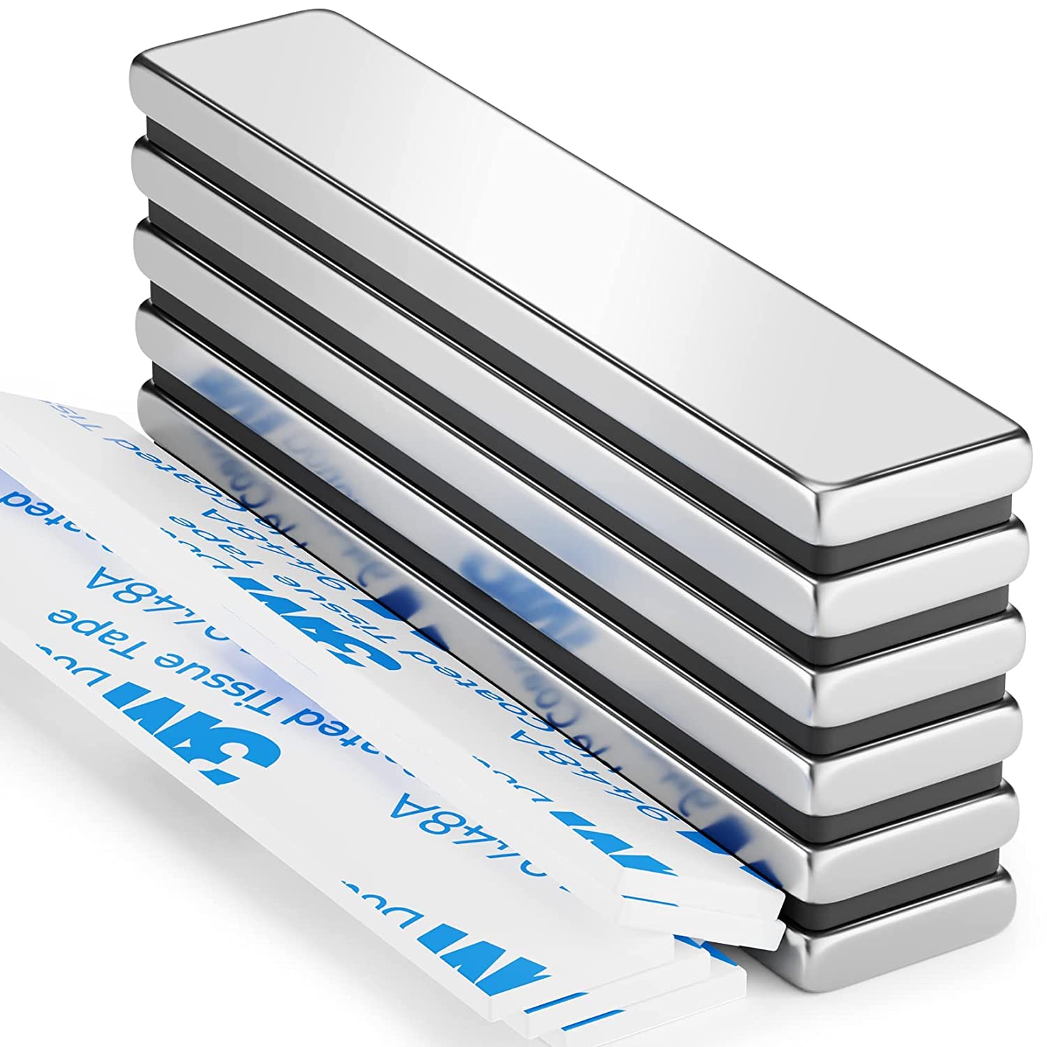 Grtard 6 Pack Strong Magnet, Bar Magnets, Neodymium Magnetic Bar, 60 x 10 x 3 mm Strong Flat Rare Earth Magnets, Powerful Whiteboard Magnet Strips with 6 Pcs Double-sided Adhesive for Multi-Use