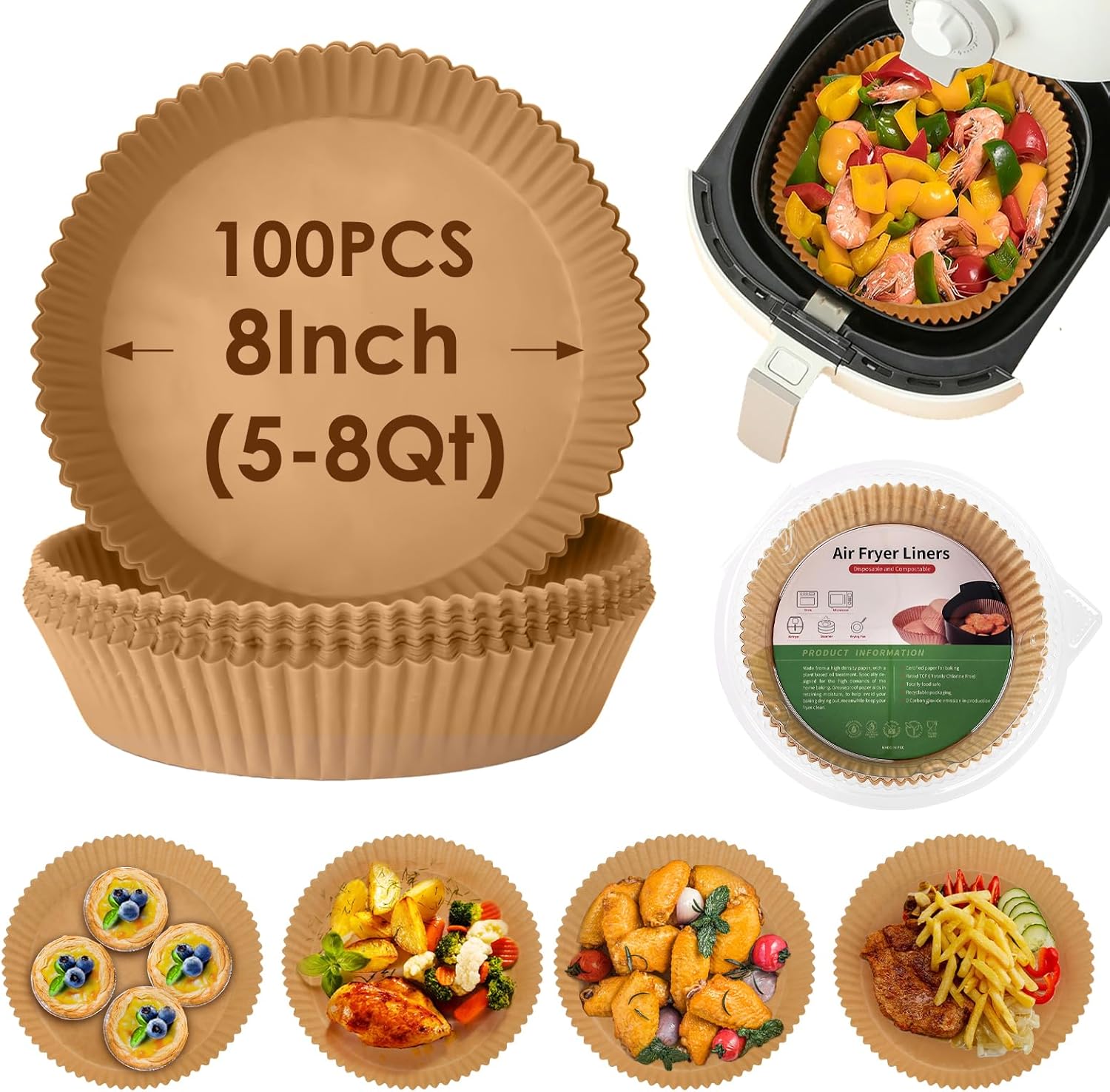 Air Fryer Paper Liners, 100Pcs Non-Stick & Oil Proof Parchment Paper Round, Disposable for 5-8 QT Air Fryer, Unbleached Food Grade Safe, Easy Cleanup for Baking Roasting Microwave (8 inch-Round)​