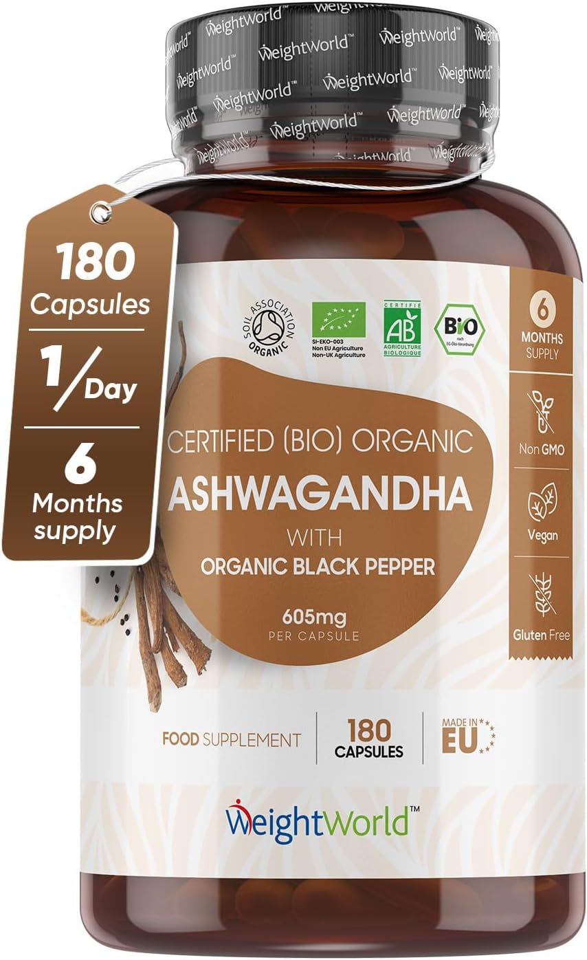 Organic Ashwagandha High Strength - 180 Ashwagandha Capsules (6 Months Supply) - for Daily Ease & Inner Balance - with Black Pepper Powder - Soil Association Certified