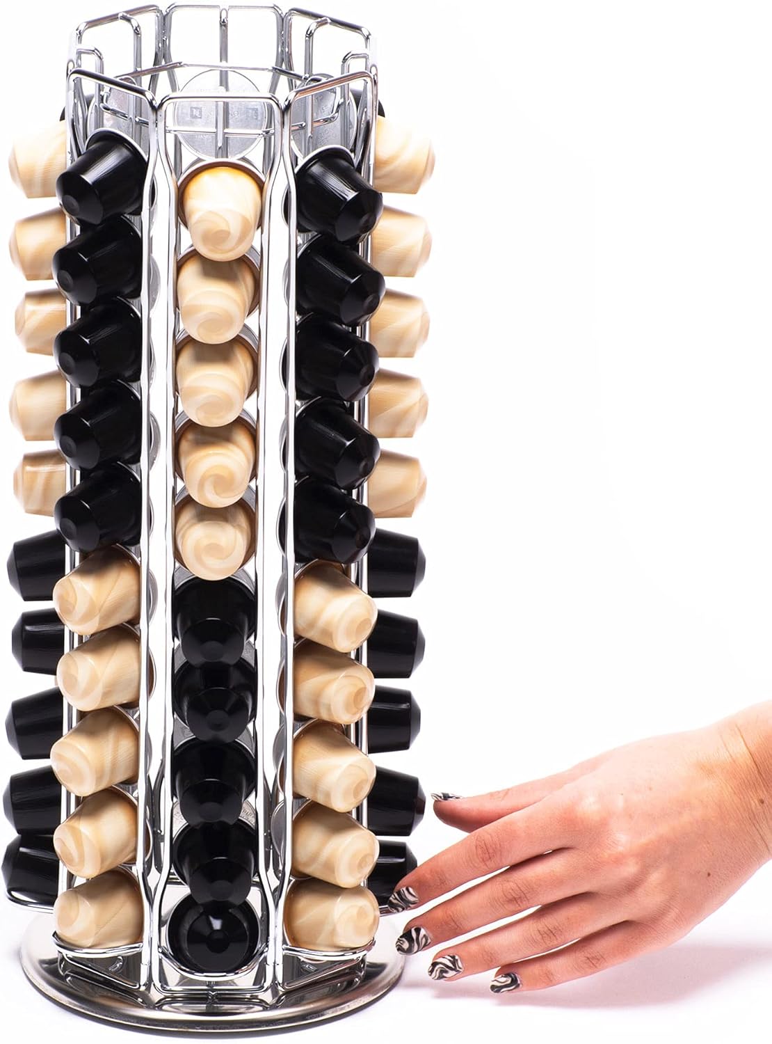 Peak Coffee Capsule Holder Stand for 80 Nespresso Original Line Pods | Revolving Tower Rack Dispenser for Storage & Organisation | Modern Chrome Finish | 360 Degree Revolving