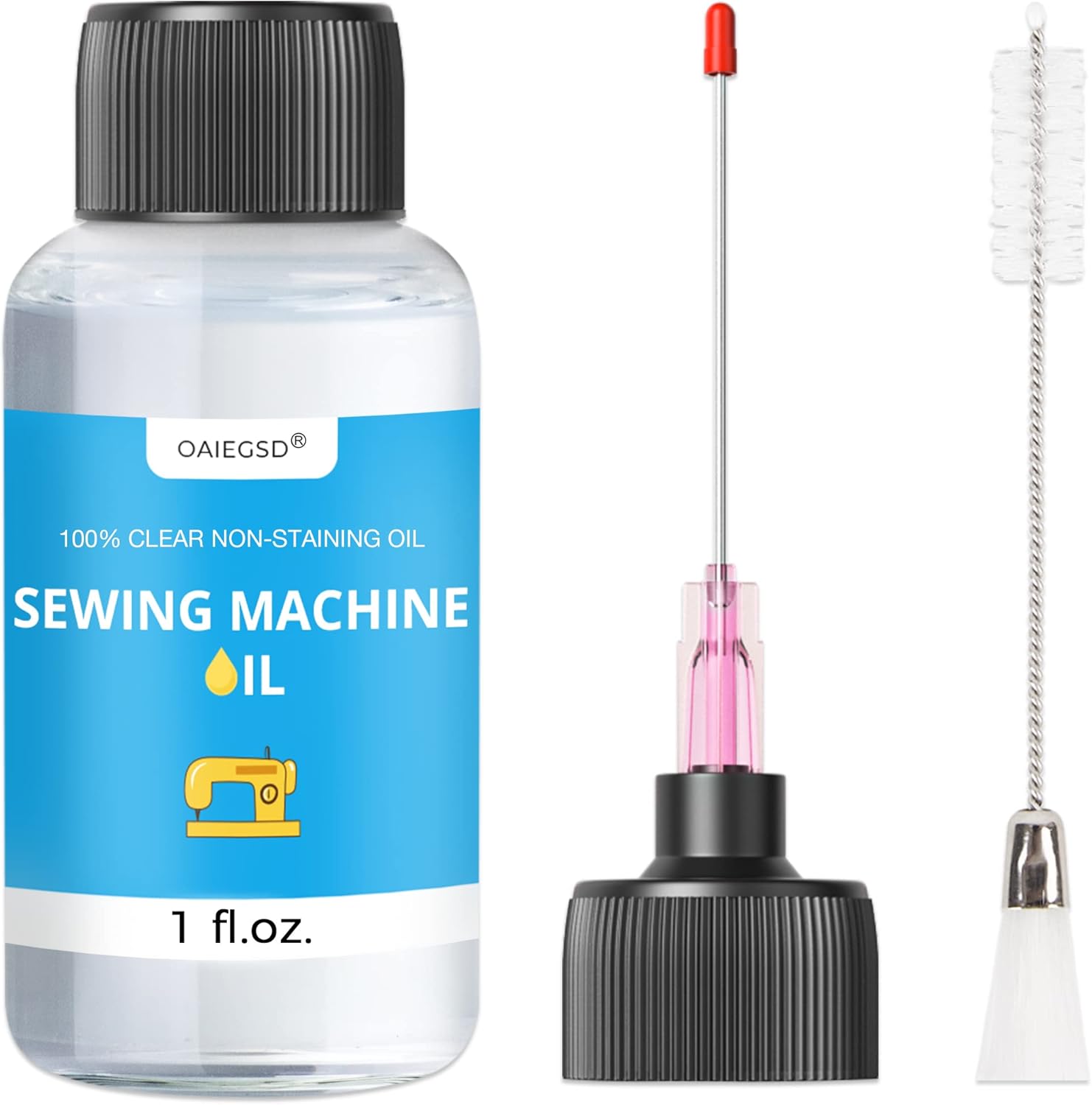 1oz Fine Light Sewing Machine Oil and Lubricant with Oil Applicator & Dual-Ended Brush, Commercial & Industrial Mineral Sewing Machine Oil for Lubricating Moving Parts of Textile Machinery, by OAIEGSD