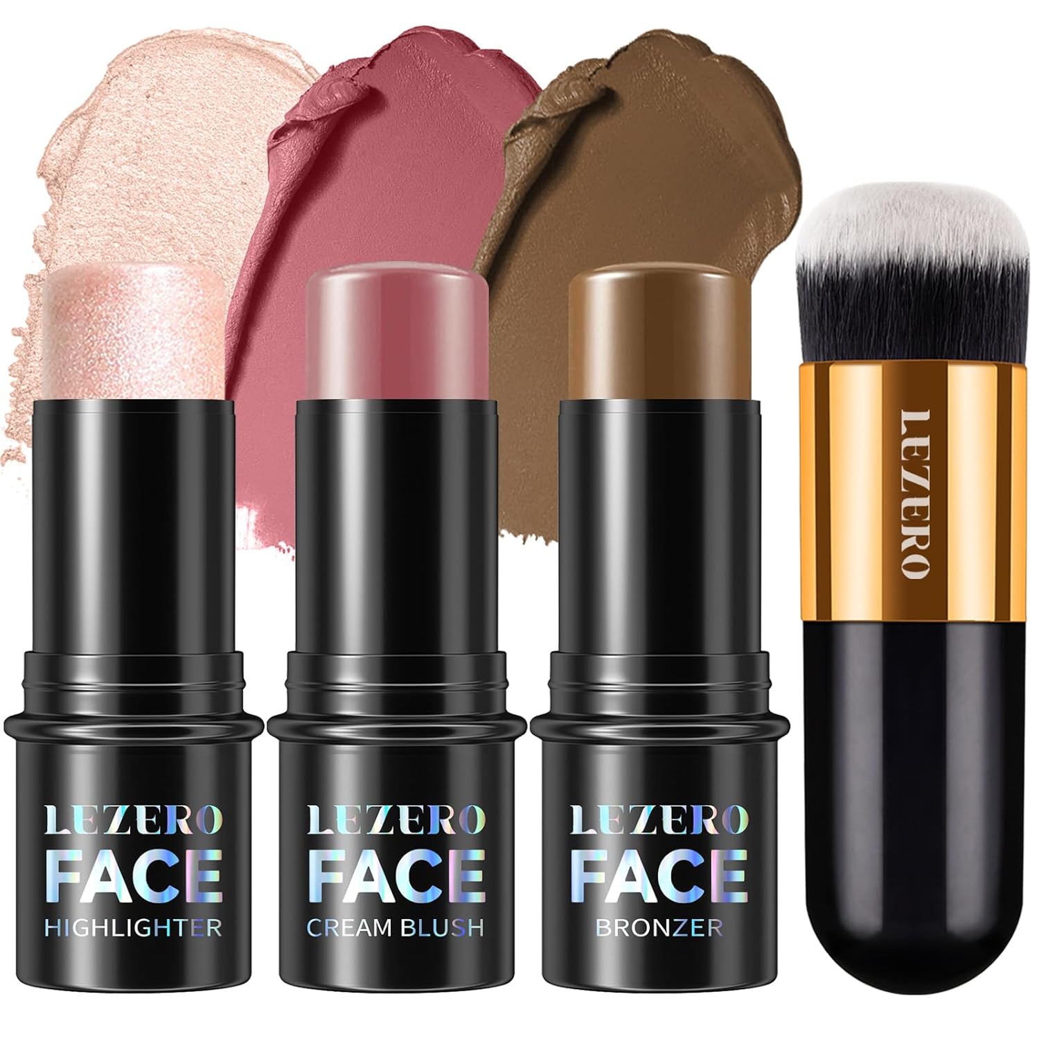 Lezero 3Pcs Contour Stick Makeup Kit, Shades with Highlighter, Blush and Bronzer Trio for Sculpt the Cheeks and Body, Long Lasting, Smooth, Dewy & Matte Finish, LIGHT MEDIUM (02,05,06)