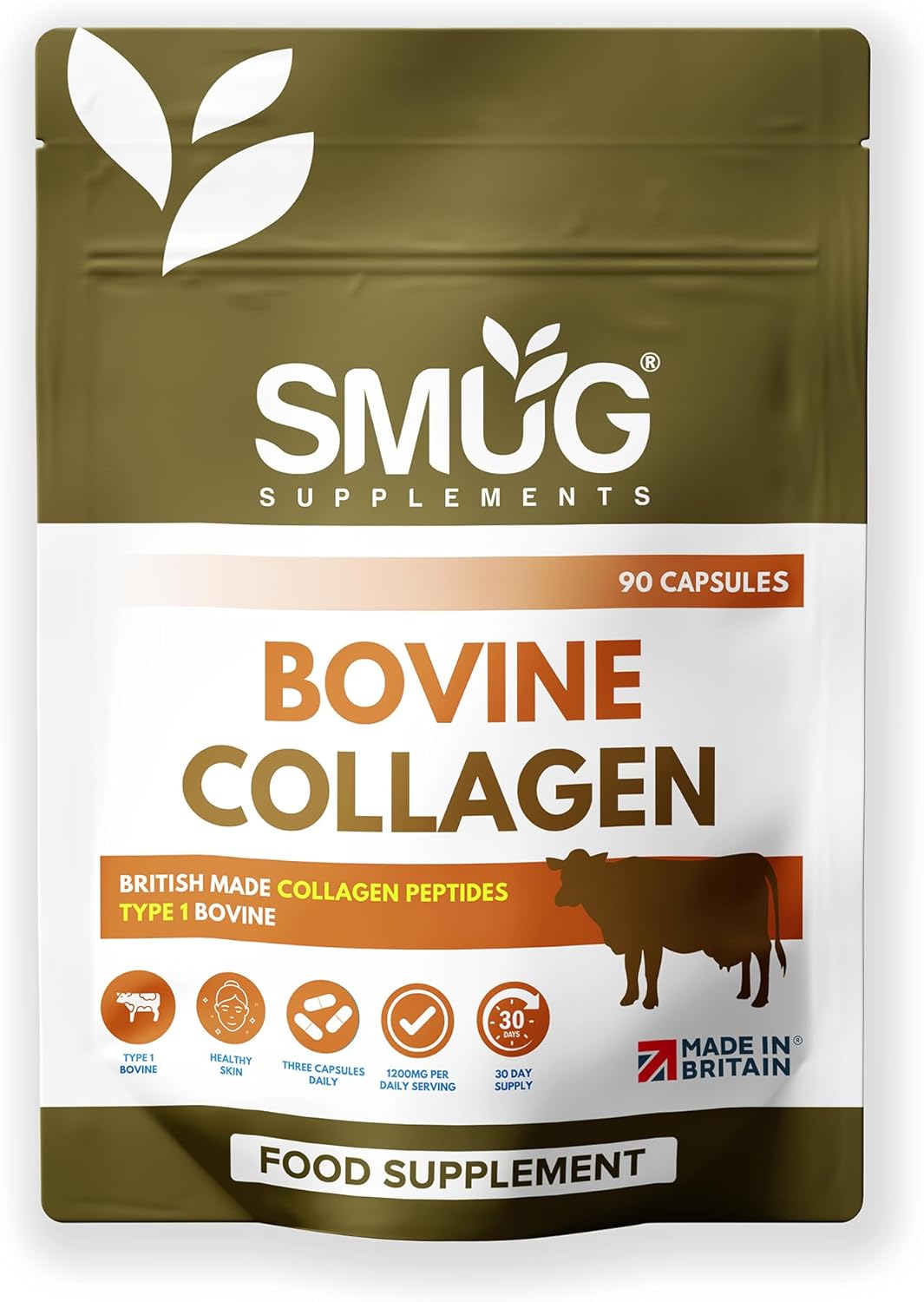 Bovine Collagen British Made by SMUG Supplements - 90 Capsules - Type 1 Peptides - 1200mg Daily Serving of Collagen Powder in Three-a-Day Capsules - 30 Day Supply - Suitable for Both Men and Women