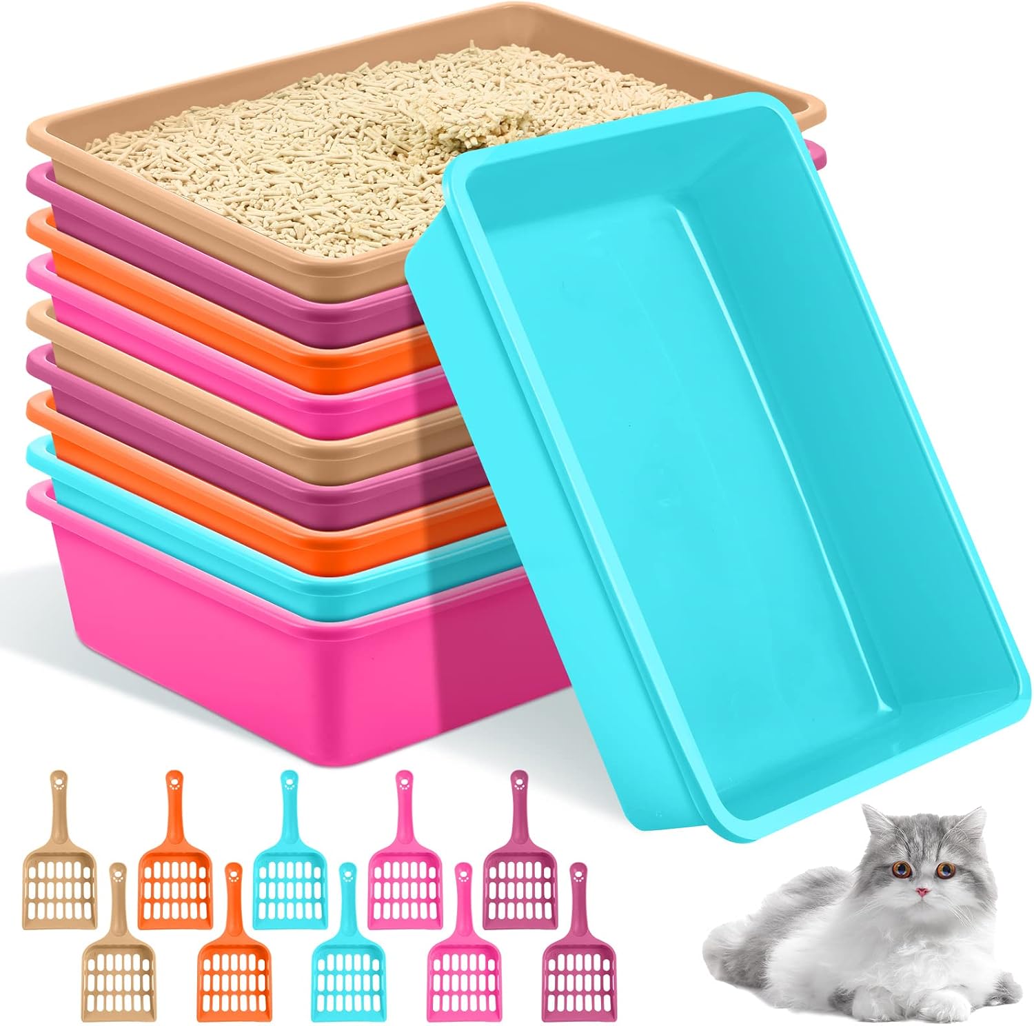 Amyhill 10Pcs Open Cat Litter Box with 10 Scooper