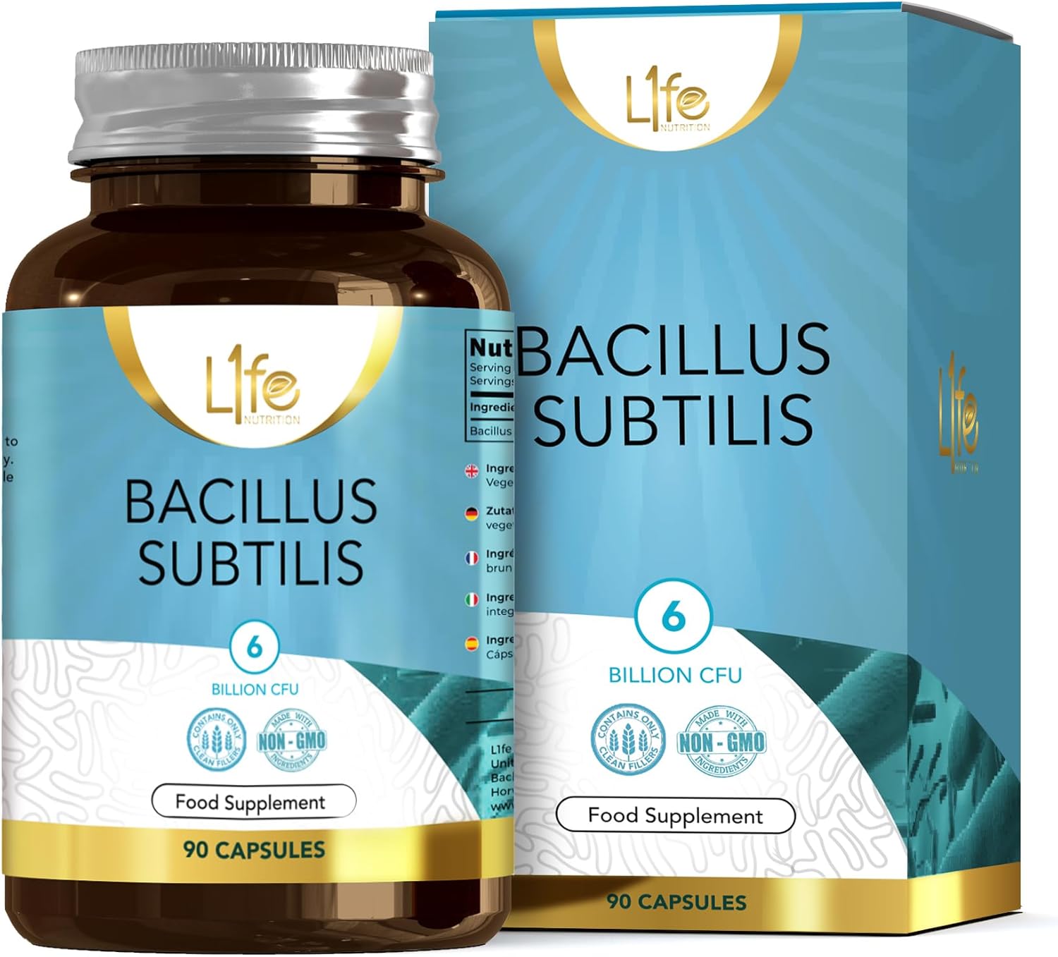 LN Bacillus Subtilis | 90 High Strength Probiotic Supplements - 6 Billion CFU Bacillus Subtilis Probiotic per Capsule | Non-GMO, Gluten & Allergen Free | Manufactured in The UK