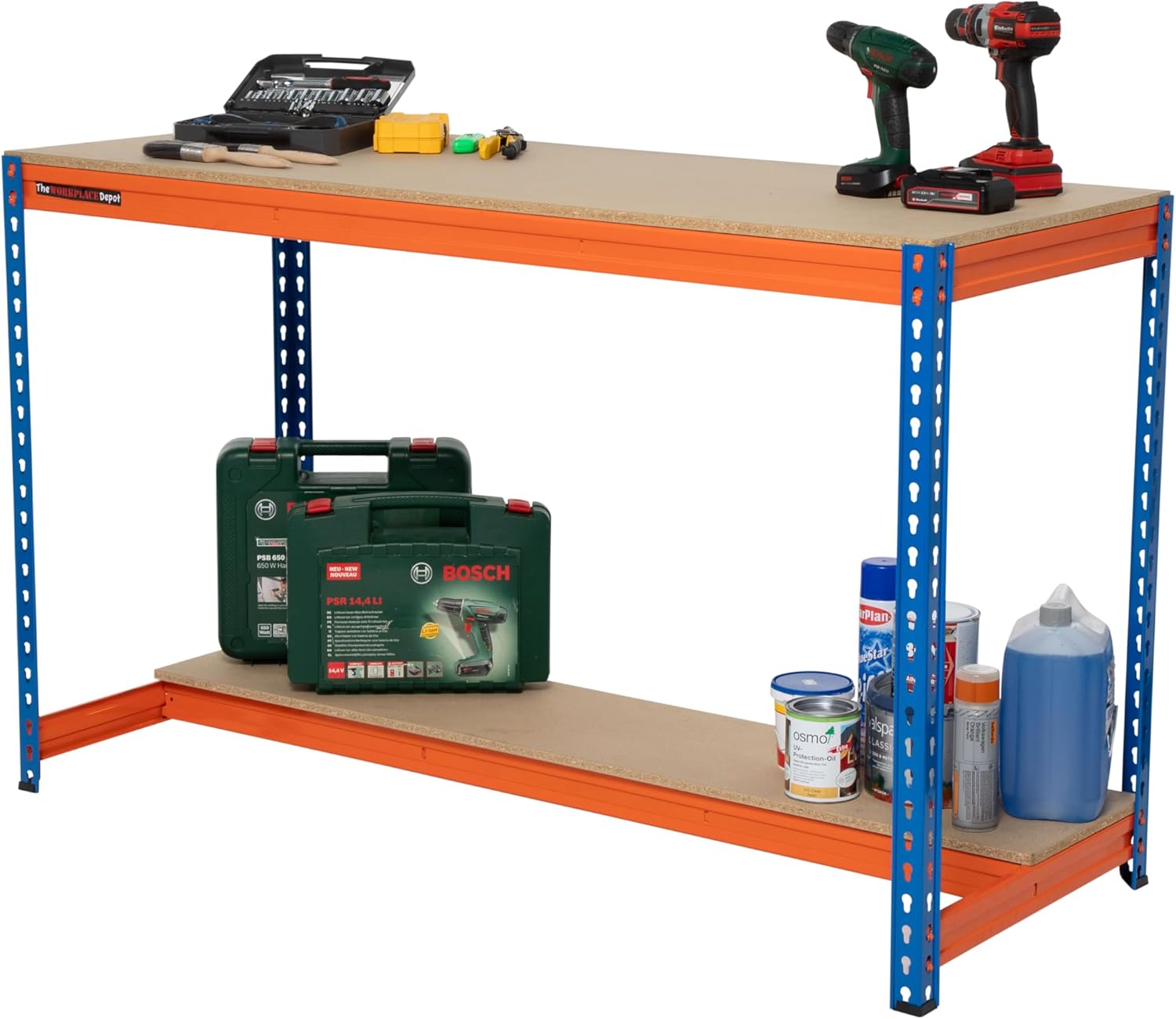 Heavy Duty Workbench, 2 Tier 500kg UDL Steel Adjustable Garage Workstation with Chipboard Worktops