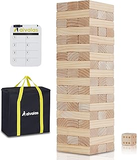 Giant Timber Blocks Games, 56 Blocks Large Tower Outdoor/Indoor Games - Includes Carry Bag and Scoreboard, Wood Stacking Yard Games Grows from 2FT to Over 4.2FT for Kids Adults Family