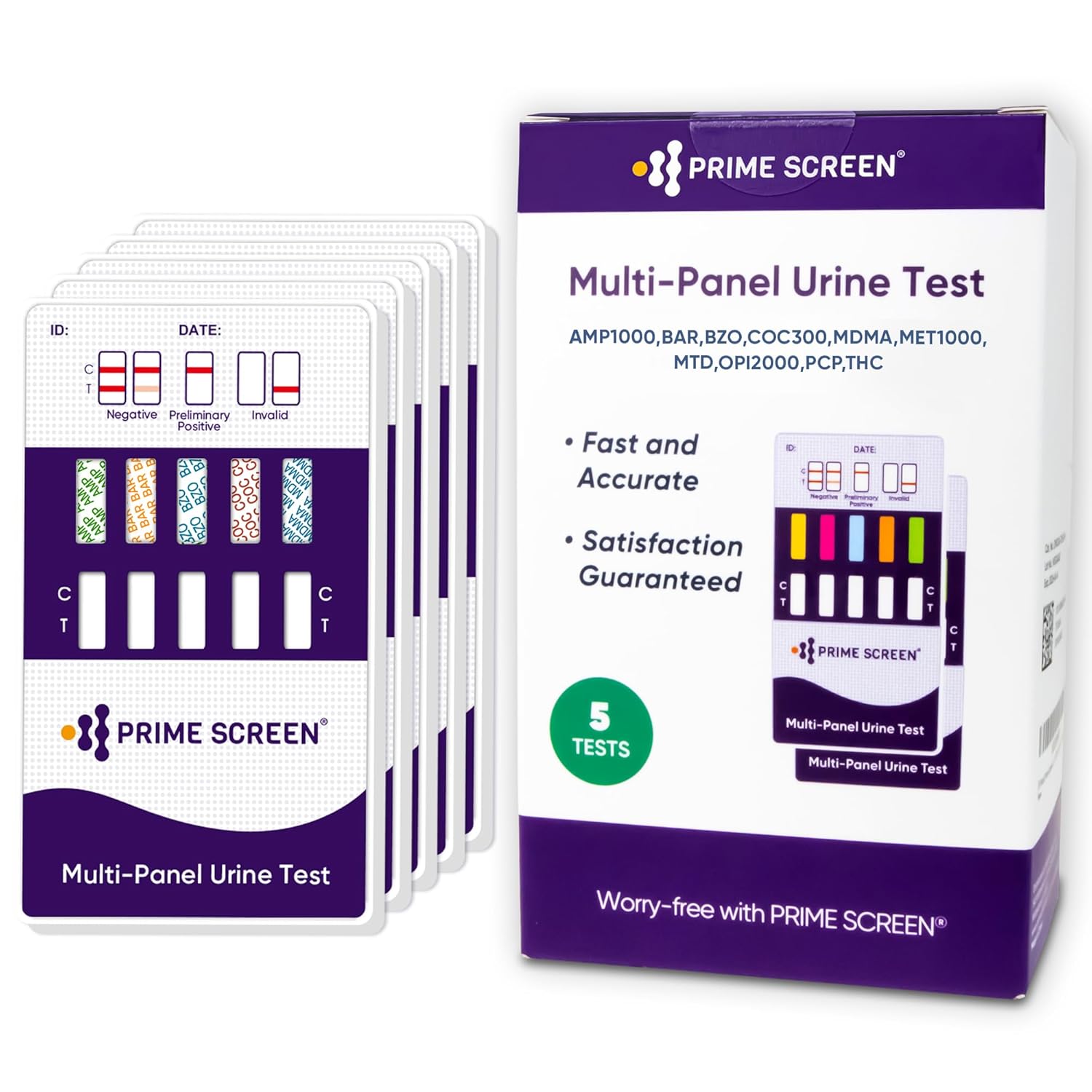 Prime Screen [5 Pack] 10 Panel Urine Drug Test Kit - Testing Instantly for THC (Marijuana), BZO (Benzos), MET (Meth), PCP (Phencyclidine), MTD, AMP, BAR, COC, OPI, MDMA - WDOA-3104