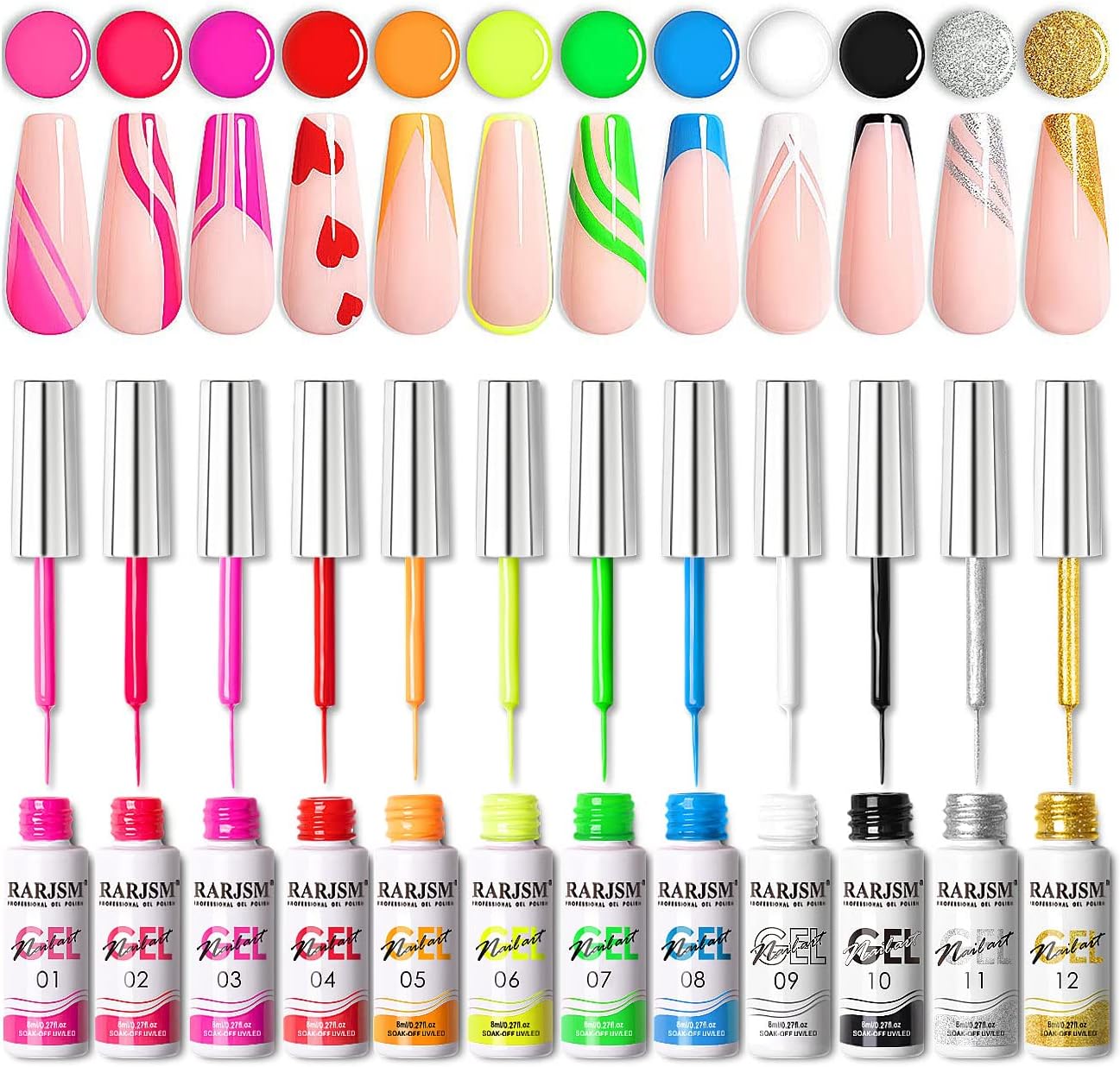 RARJSM Nail Art Gel Nail Polish 8ml Painted GelPolish Kit 12 Colors Painting Drawing Gel Liner Polish,Pull Line GelPolish for DIY French Manicure Nail Salon Design,Curing Requires